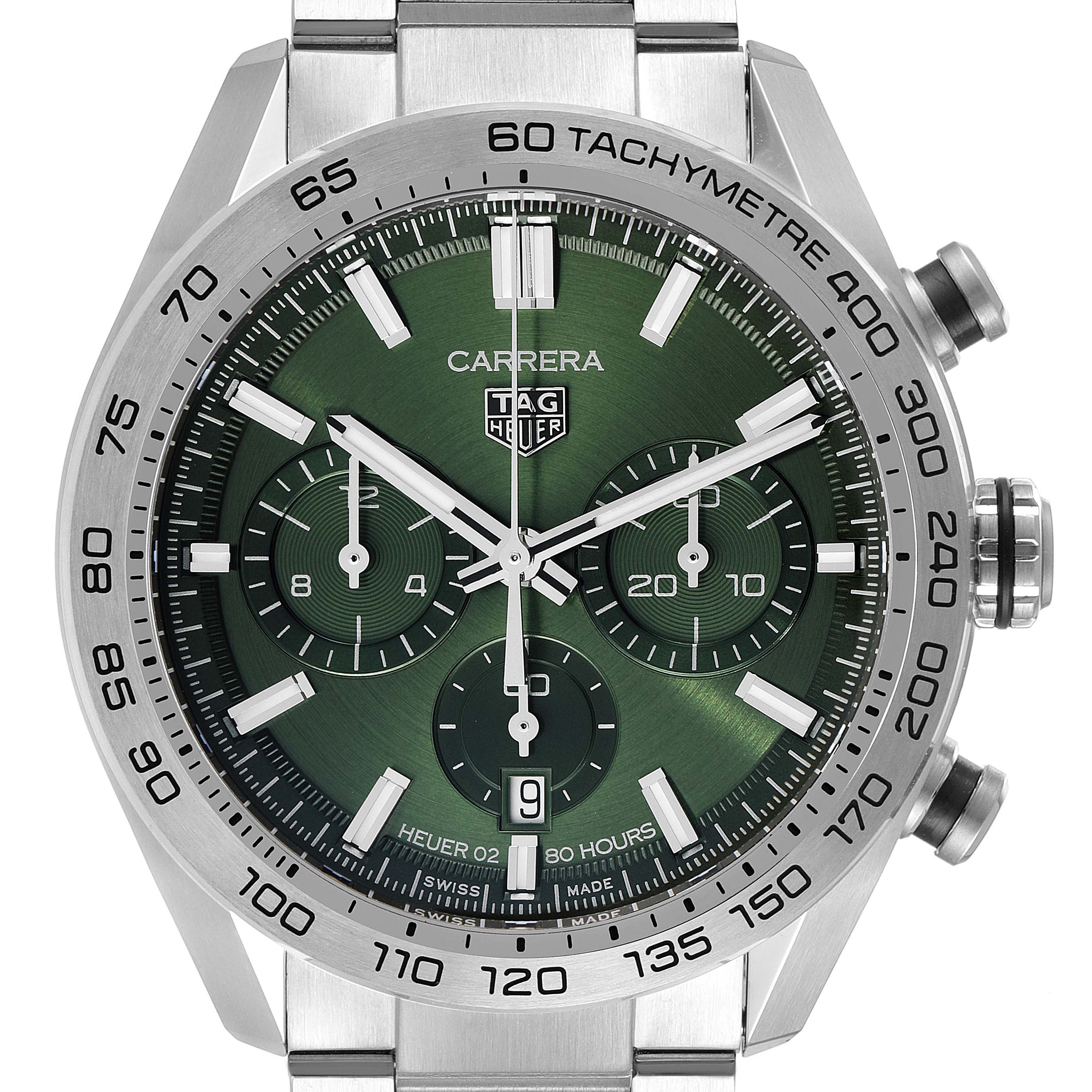 The image shows a front view of the Tag Heuer Carrera CBN2A10.BA0643 Men's Stainless Steel Green Dial CBN2A10.BA0643 Men's Stainless Steel Green Dial watch, featuring a green dial, chronograph sub-dials, date window, and tachymeter bezel.