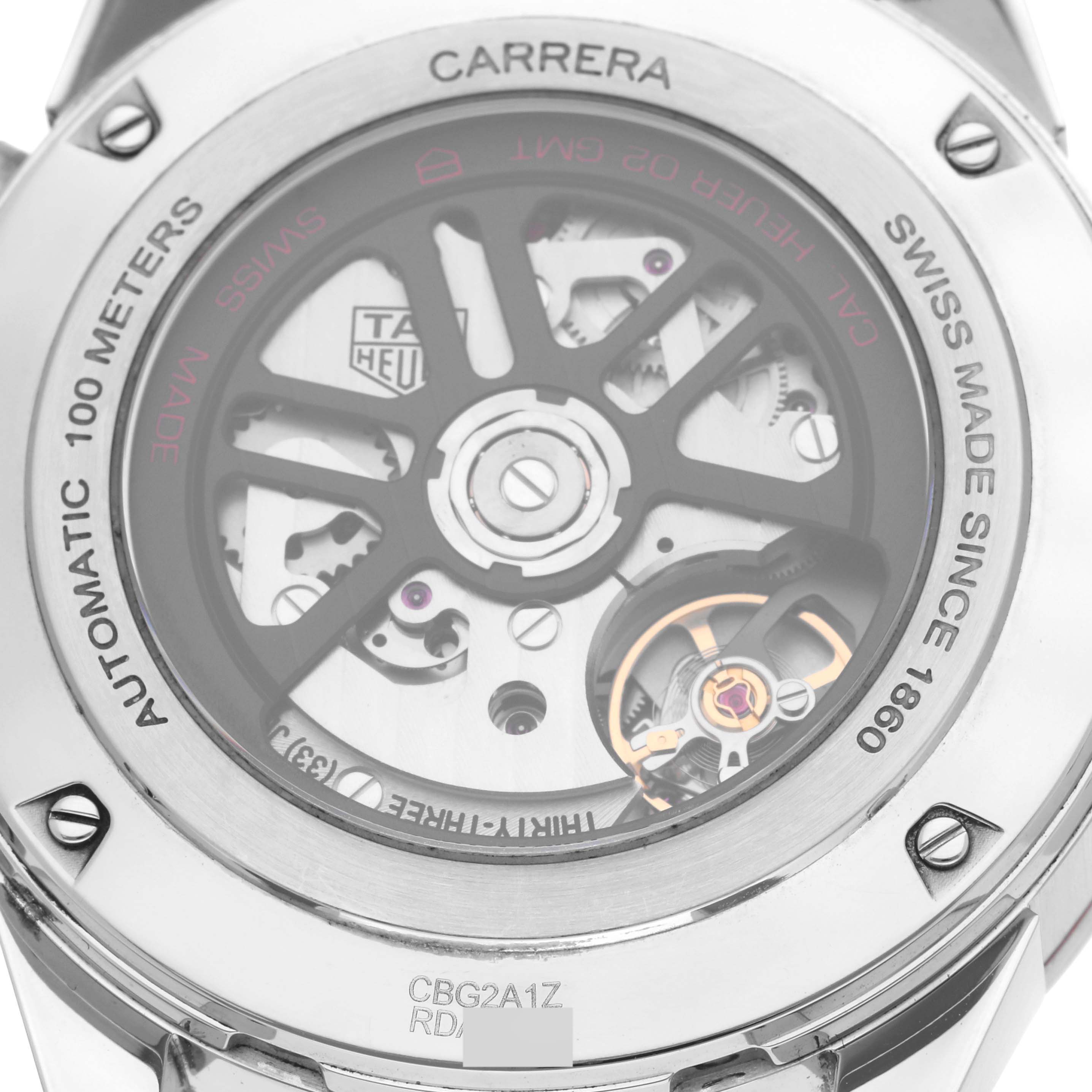 This image shows the back view of a Tag Heuer Carrera CBG2A1Z.BA0658 Men
s Stainless Steel Black Dial CBG2A1Z.BA0658 Men
s Stainless Steel Black Dial watch, revealing the intricate automatic movement inside.