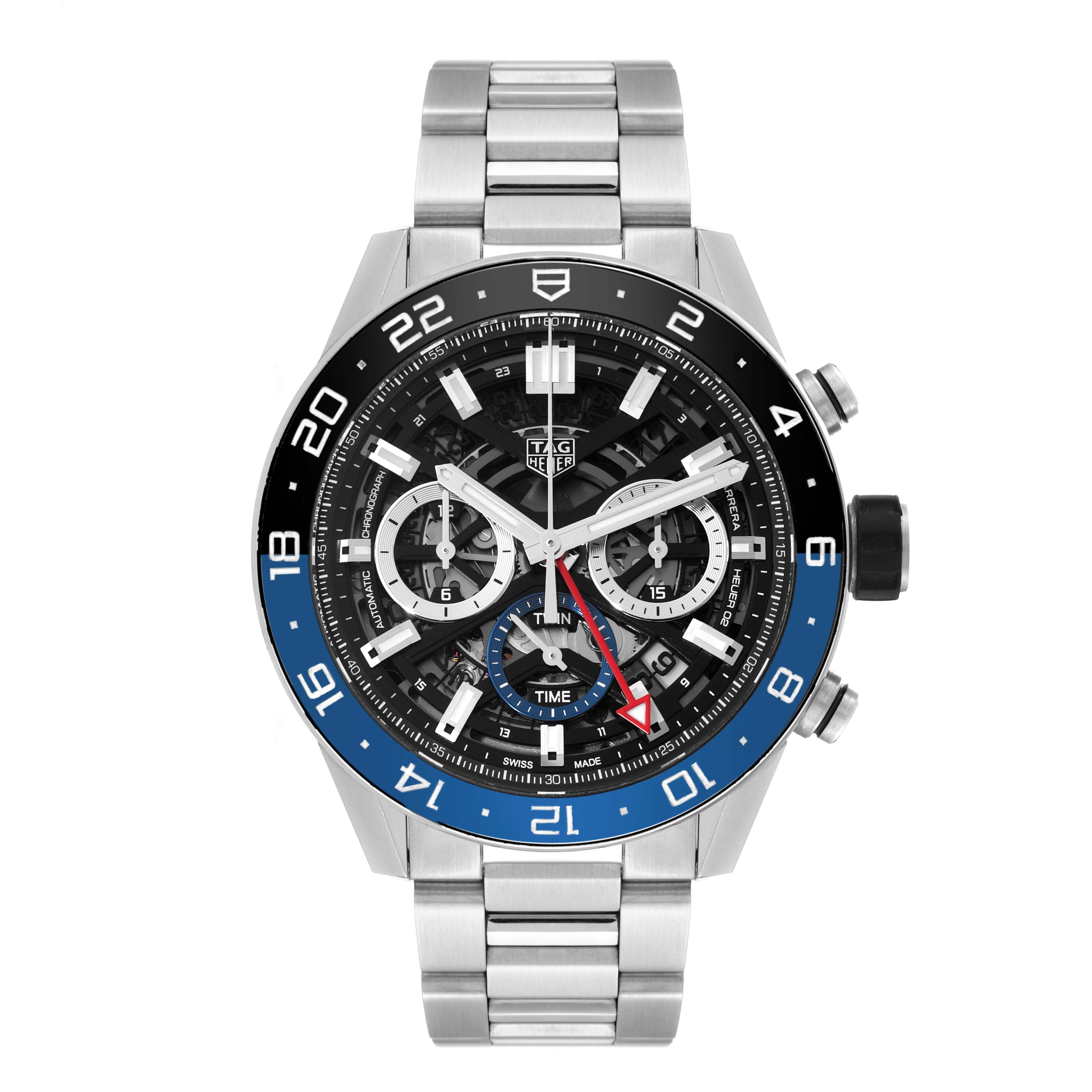 The image shows a front view of the Tag Heuer Carrera CBG2A1Z.BA0658 Men
s Stainless Steel Black Dial CBG2A1Z.BA0658 Men
s Stainless Steel Black Dial watch, highlighting the dial, bezel, and stainless steel bracelet.