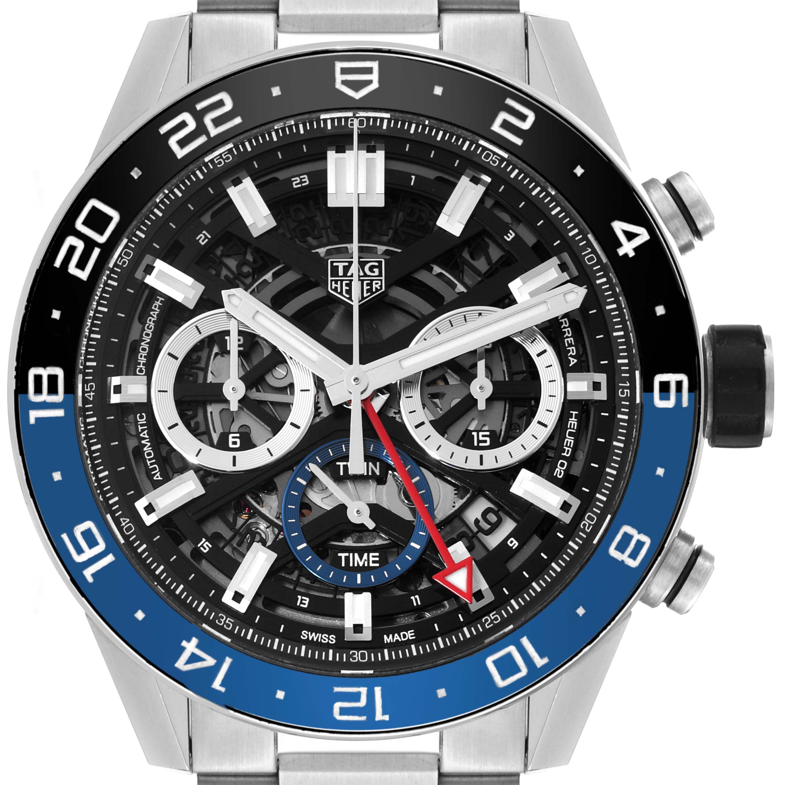 This image shows a frontal view of the Tag Heuer Carrera CBG2A1Z.BA0658 Men
s Stainless Steel Black Dial CBG2A1Z.BA0658 Men
s Stainless Steel Black Dial model watch, displaying its dial, hands, subdials, and bezel.