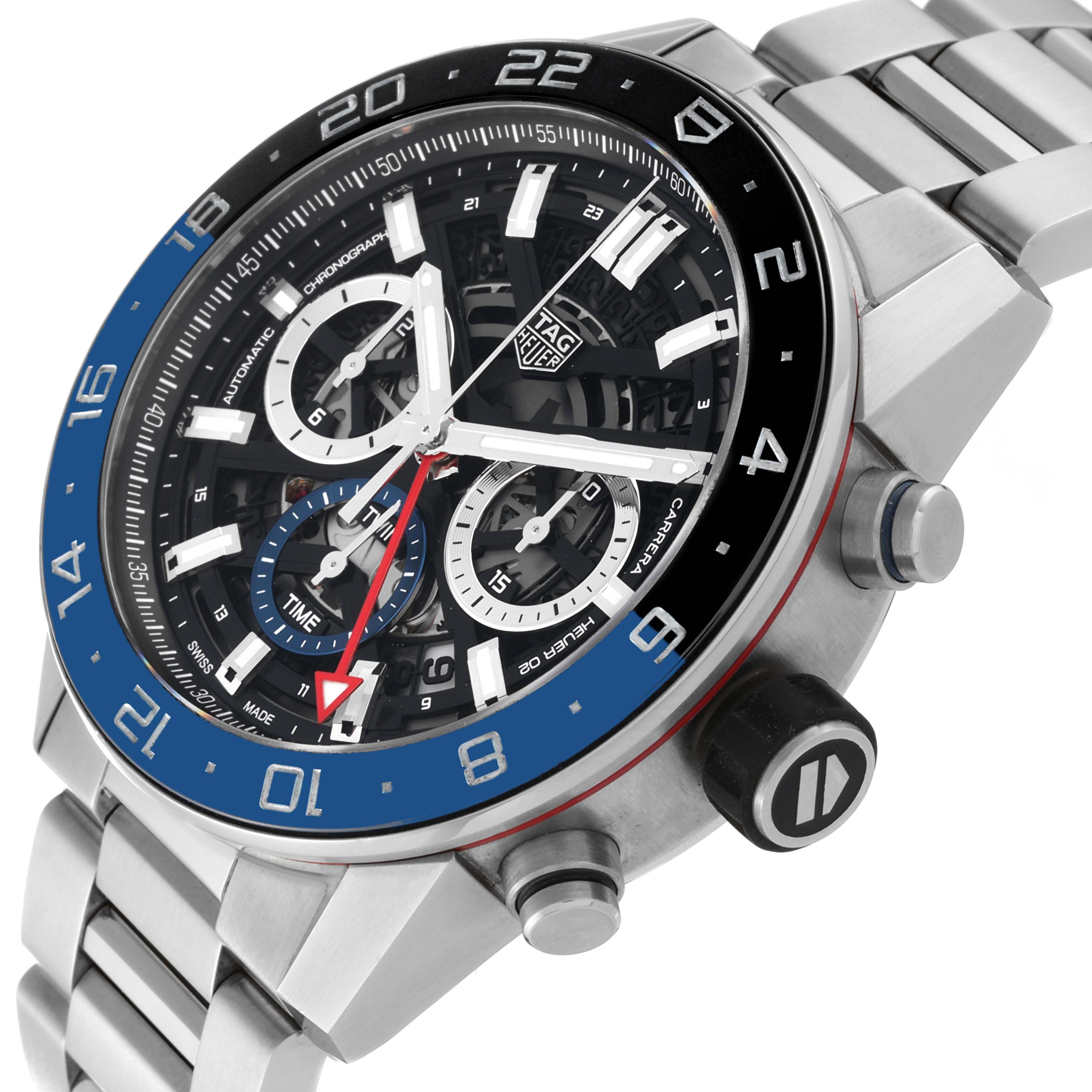 This Carrera model by Tag Heuer is shown from an angled close-up, highlighting its dial, chronograph subdials, and bracelet.