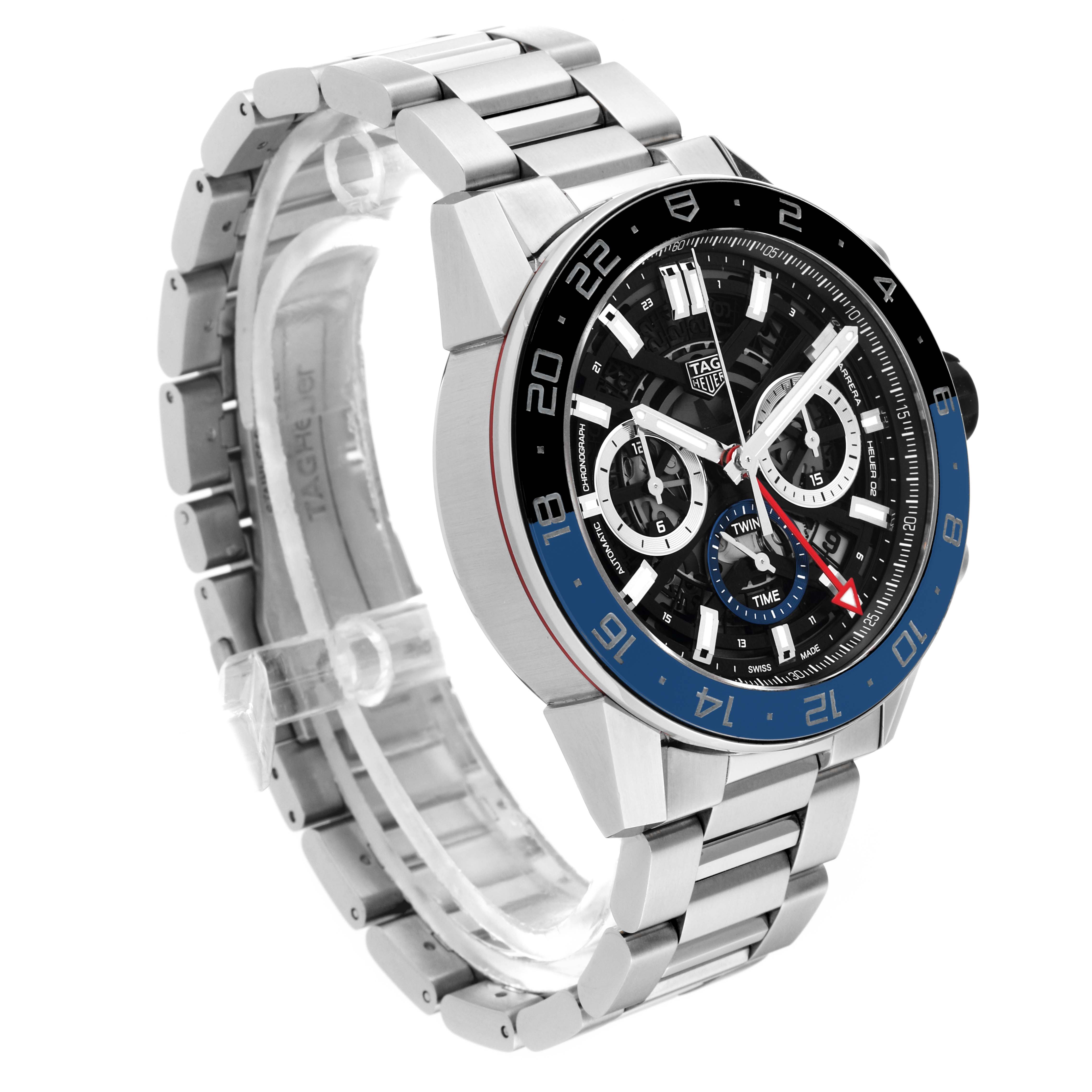 The image shows a side and front angle of the Tag Heuer Carrera CBG2A1Z.BA0658 Men
s Stainless Steel Black Dial CBG2A1Z.BA0658 Men
s Stainless Steel Black Dial model watch, highlighting its dial, bezel, and bracelet.