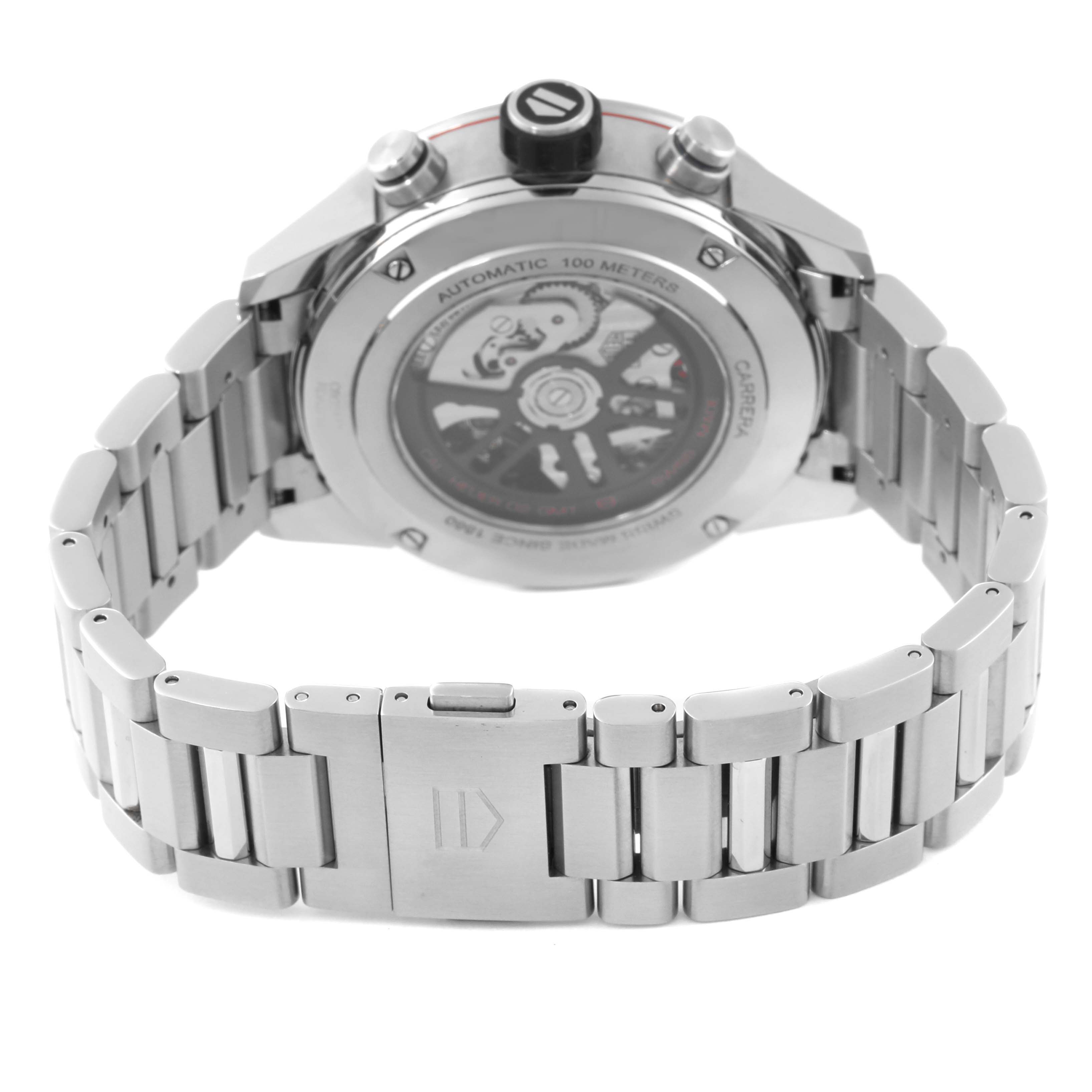 This image shows the back case and stainless steel bracelet of a Tag Heuer Carrera CBG2A1Z.BA0658 Men
s Stainless Steel Black Dial CBG2A1Z.BA0658 Men
s Stainless Steel Black Dial watch.