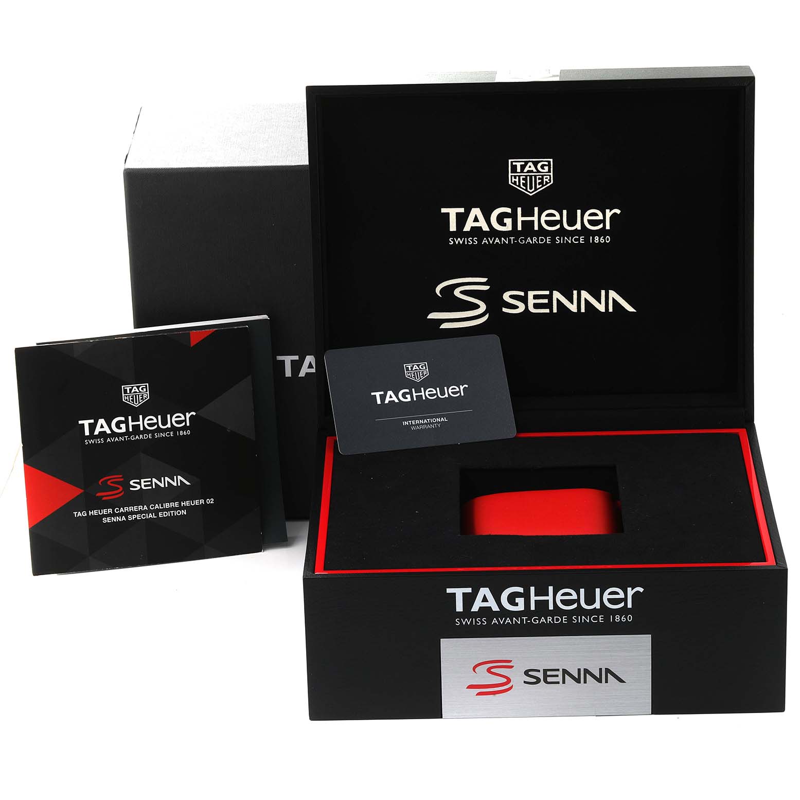 The image shows the box, manual, and warranty card for the Tag Heuer Carrera CBG2013.BA0657 Men's Stainless Steel Grey Dial CBG2013.BA0657 Men's Stainless Steel Grey Dial Senna edition.