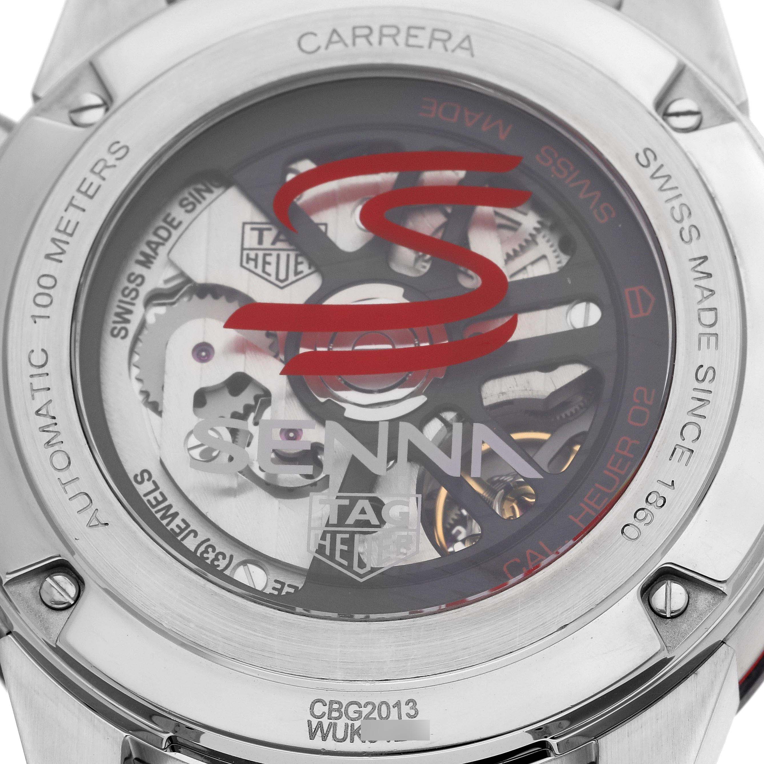 This image shows the back view of a Tag Heuer Carrera CBG2013.BA0657 Men's Stainless Steel Grey Dial CBG2013.BA0657 Men's Stainless Steel Grey Dial model watch showcasing its automatic movement and internal mechanics.