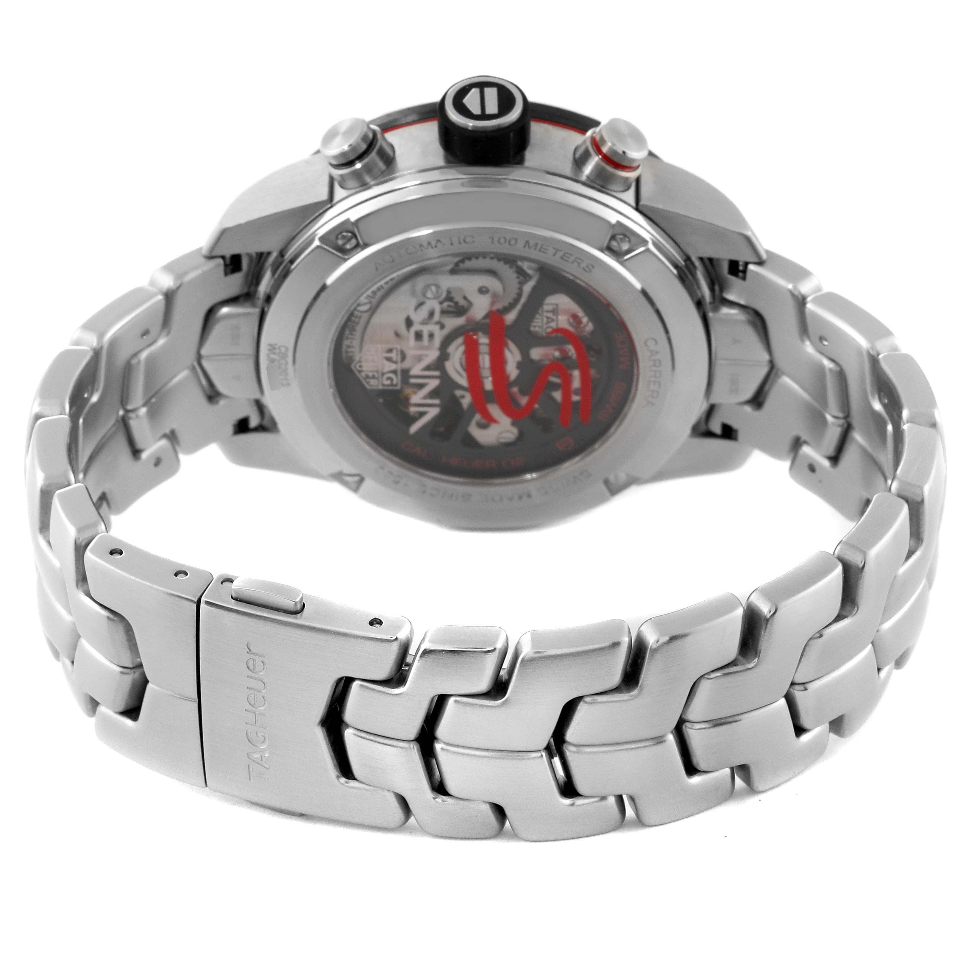 The image shows the back view of a Tag Heuer Carrera CBG2013.BA0657 Men's Stainless Steel Grey Dial CBG2013.BA0657 Men's Stainless Steel Grey Dial model watch, highlighting the bracelet and case back.