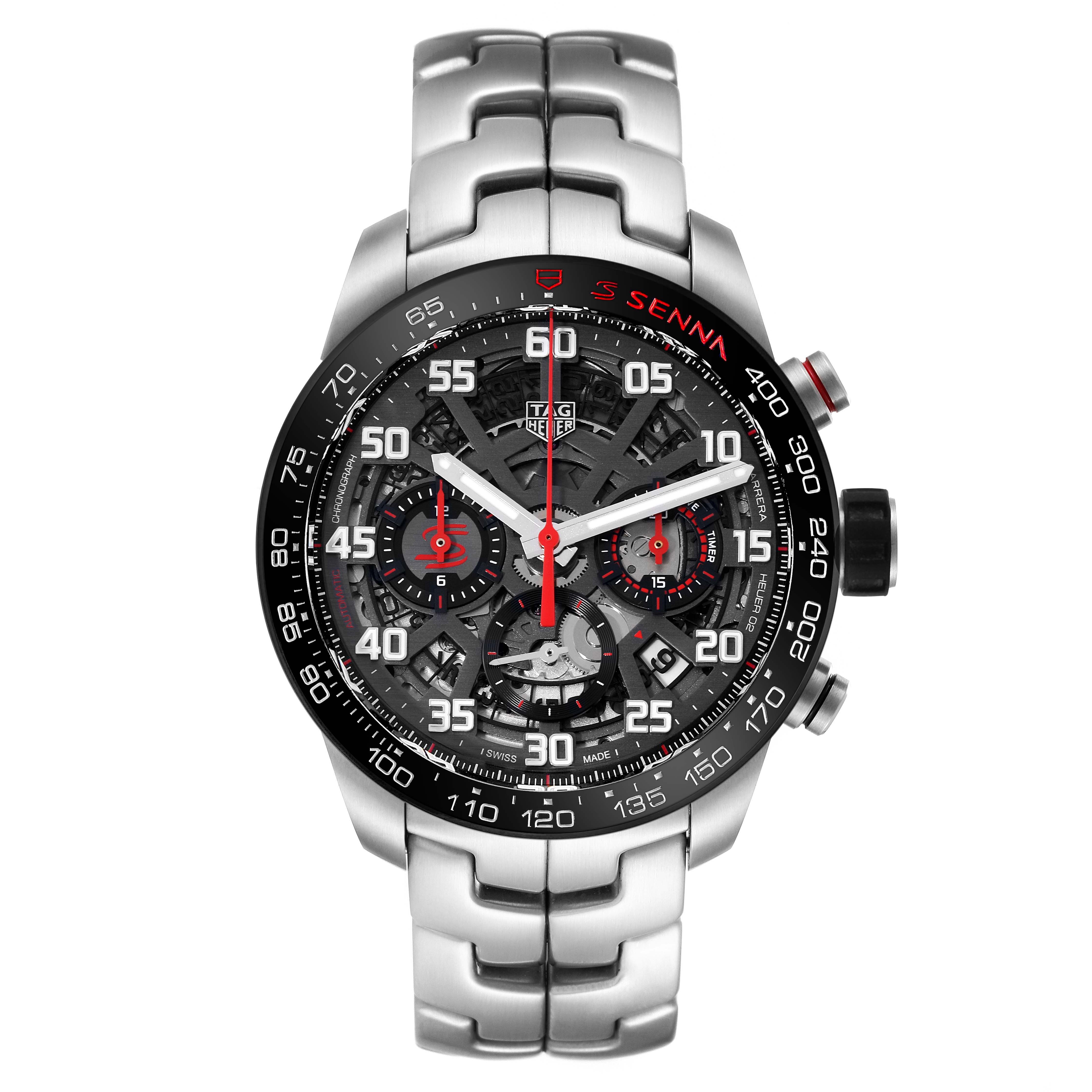 This image shows a Tag Heuer Carrera CBG2013.BA0657 Men's Stainless Steel Grey Dial CBG2013.BA0657 Men's Stainless Steel Grey Dial model watch from the front, highlighting its intricate dial and metallic bracelet.