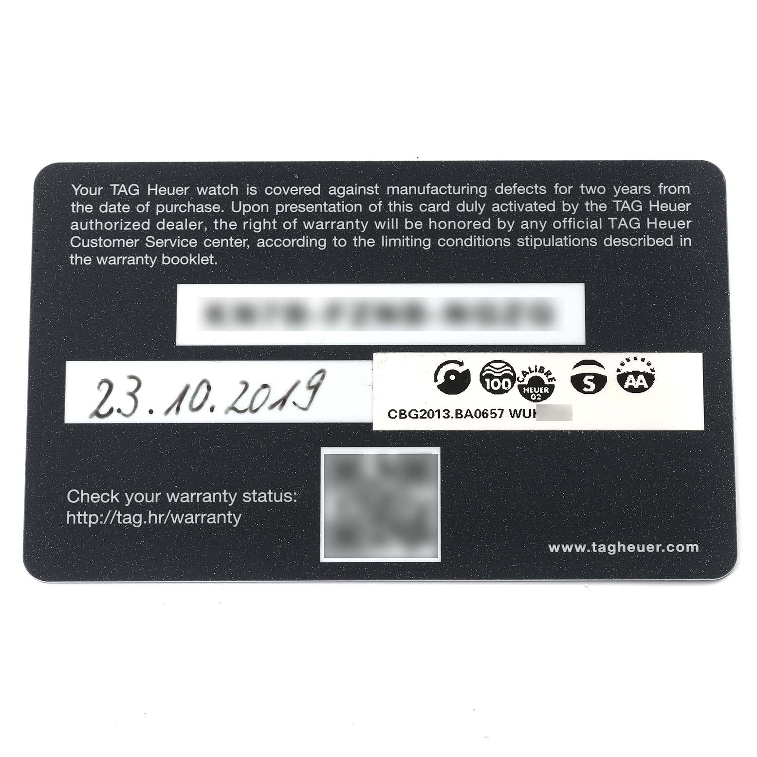The image shows a Tag Heuer Carrera CBG2013.BA0657 Men's Stainless Steel Grey Dial CBG2013.BA0657 Men's Stainless Steel Grey Dial model warranty card with the purchase date 23.10.2019.