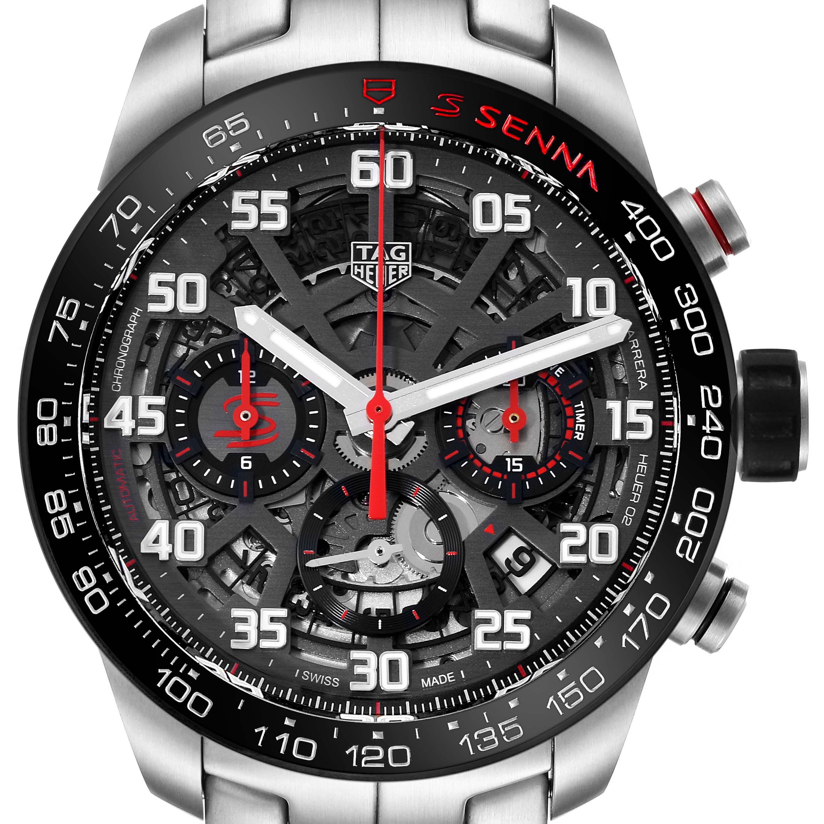 The image shows a close-up, front view of the dial of a Tag Heuer Carrera CBG2013.BA0657 Men's Stainless Steel Grey Dial CBG2013.BA0657 Men's Stainless Steel Grey Dial watch, highlighting its intricate details and chronograph features.