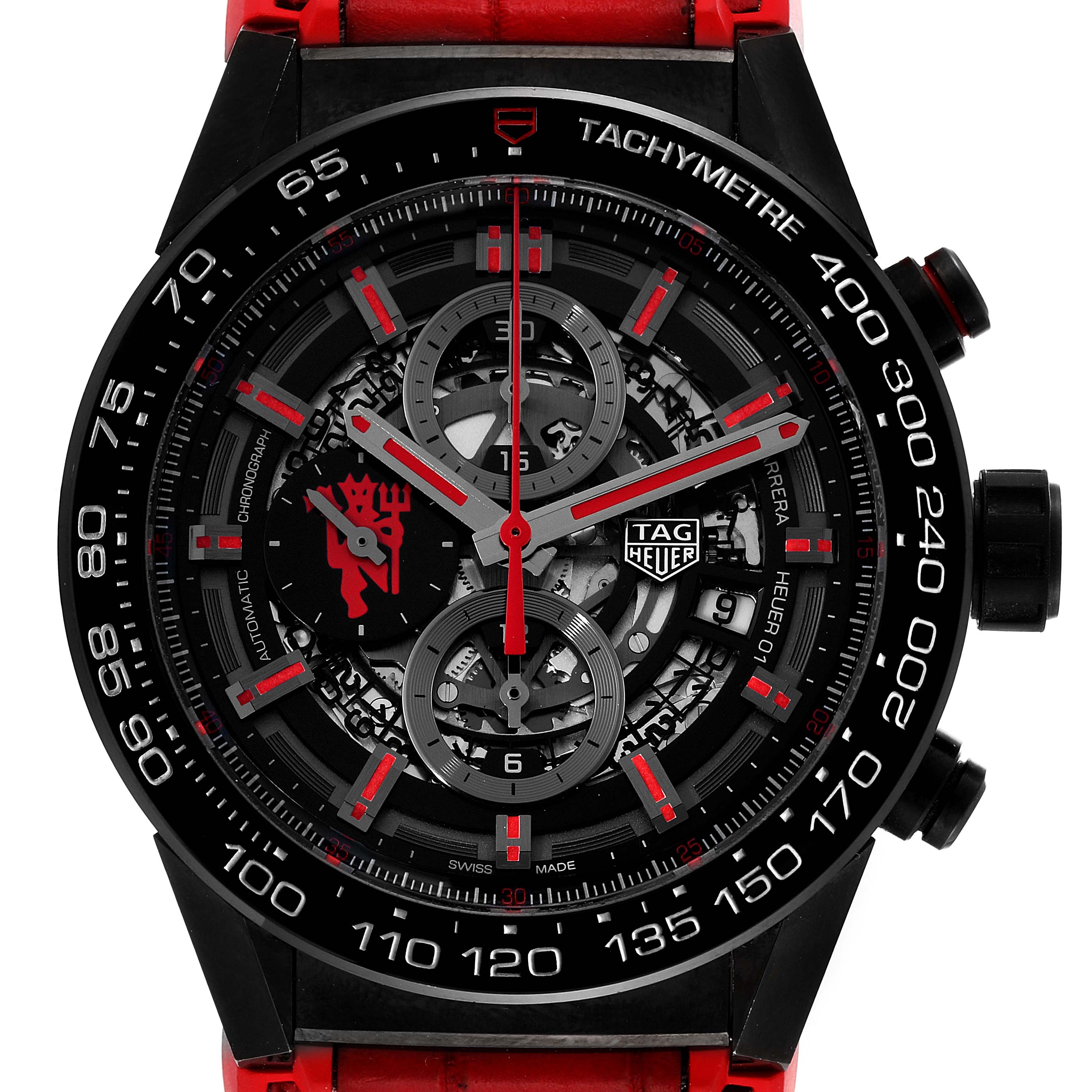 The image shows the face and bezel of the Tag Heuer Carrera Heuer 01 Limited Edition watch, with a visible tachymeter scale.