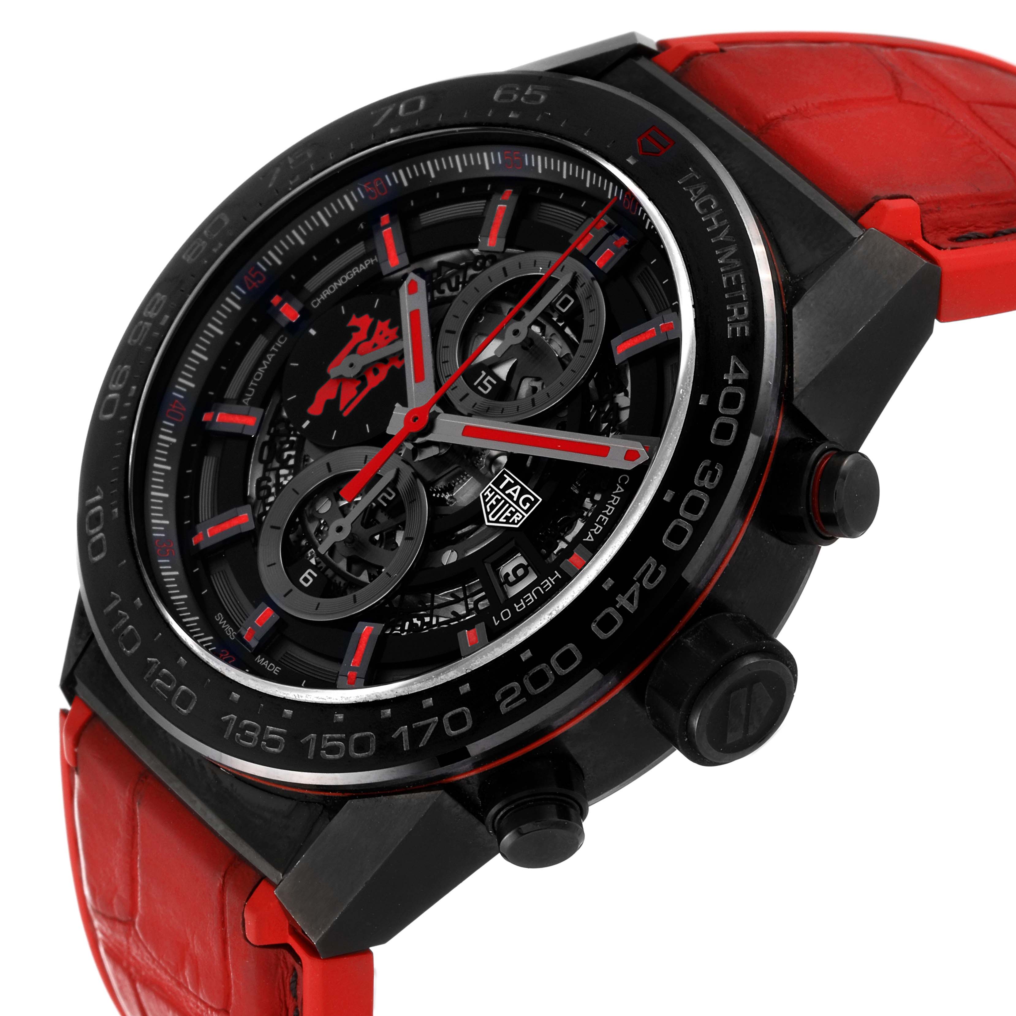 This Tag Heuer Limited Edition CAR2A1J.FC6400 Men
s Stainless Steel Transparent Dial CAR2A1J.FC6400 Men
s Stainless Steel Transparent Dial watch is shown from an angled side view, highlighting its red leather strap, crown, and tachymeter bezel.