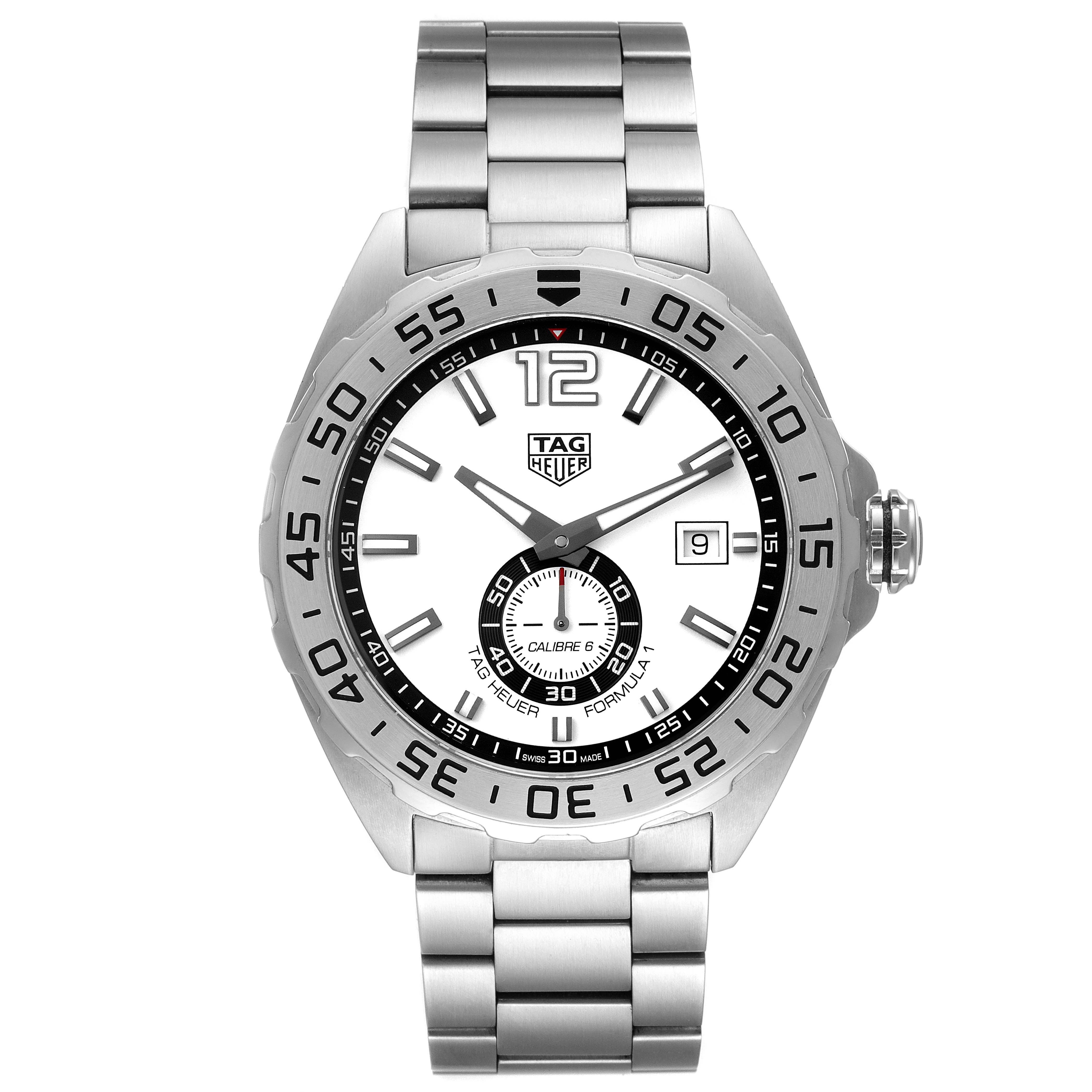 The image shows a front view of the Tag Heuer Formula 1 WAZ2013.BA0842 Men's Stainless Steel White Dial WAZ2013.BA0842 Men's Stainless Steel White Dial watch, displaying its face, bezel, and stainless steel bracelet.