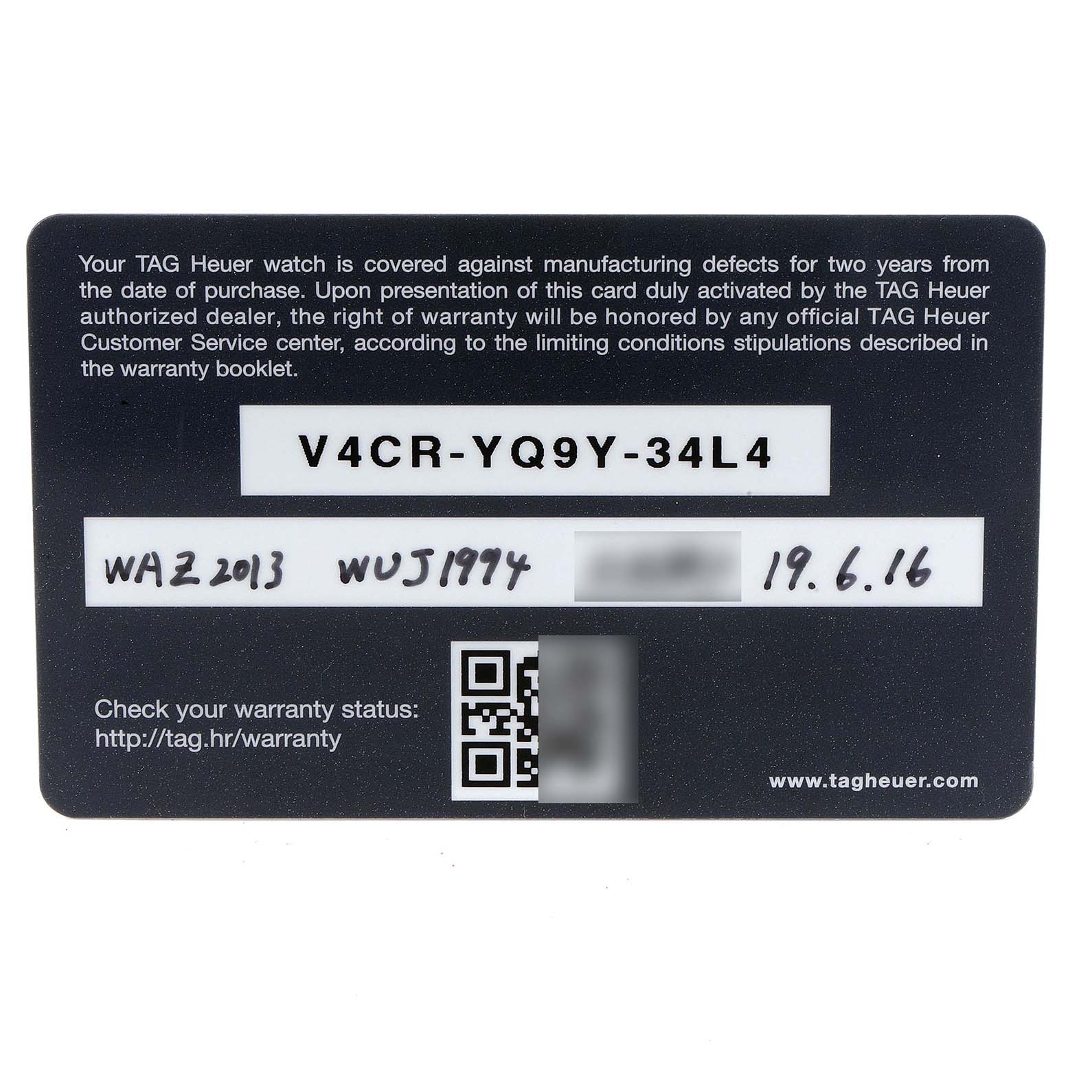 This is a warranty card for a Tag Heuer Formula 1 WAZ2013.BA0842 Men's Stainless Steel White Dial WAZ2013.BA0842 Men's Stainless Steel White Dial watch, showing warranty terms, a serial number, and purchase information.