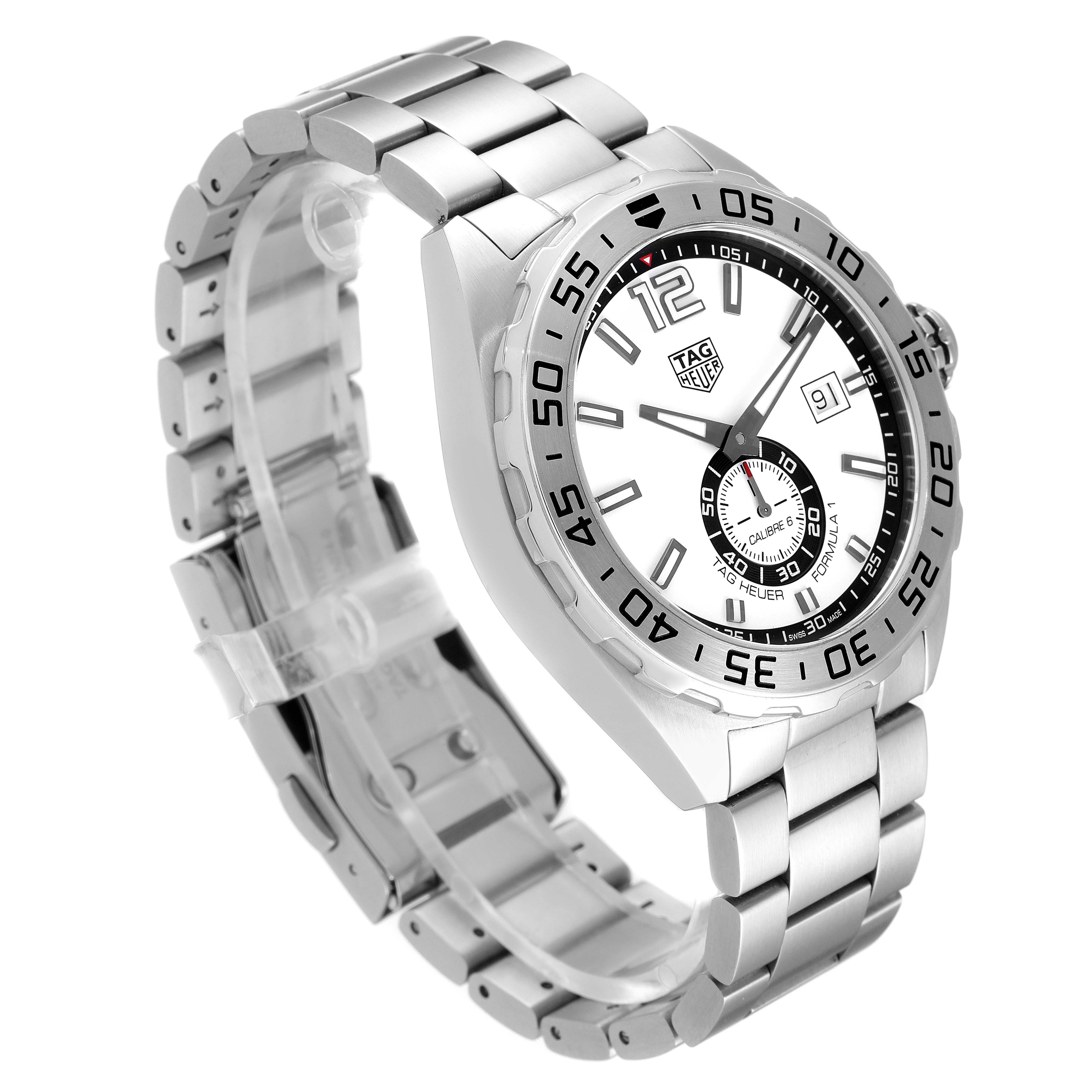 The image shows a Tag Heuer Formula 1 WAZ2013.BA0842 Men's Stainless Steel White Dial WAZ2013.BA0842 Men's Stainless Steel White Dial watch at a three-quarter angle, highlighting the face, bezel, and metal bracelet.