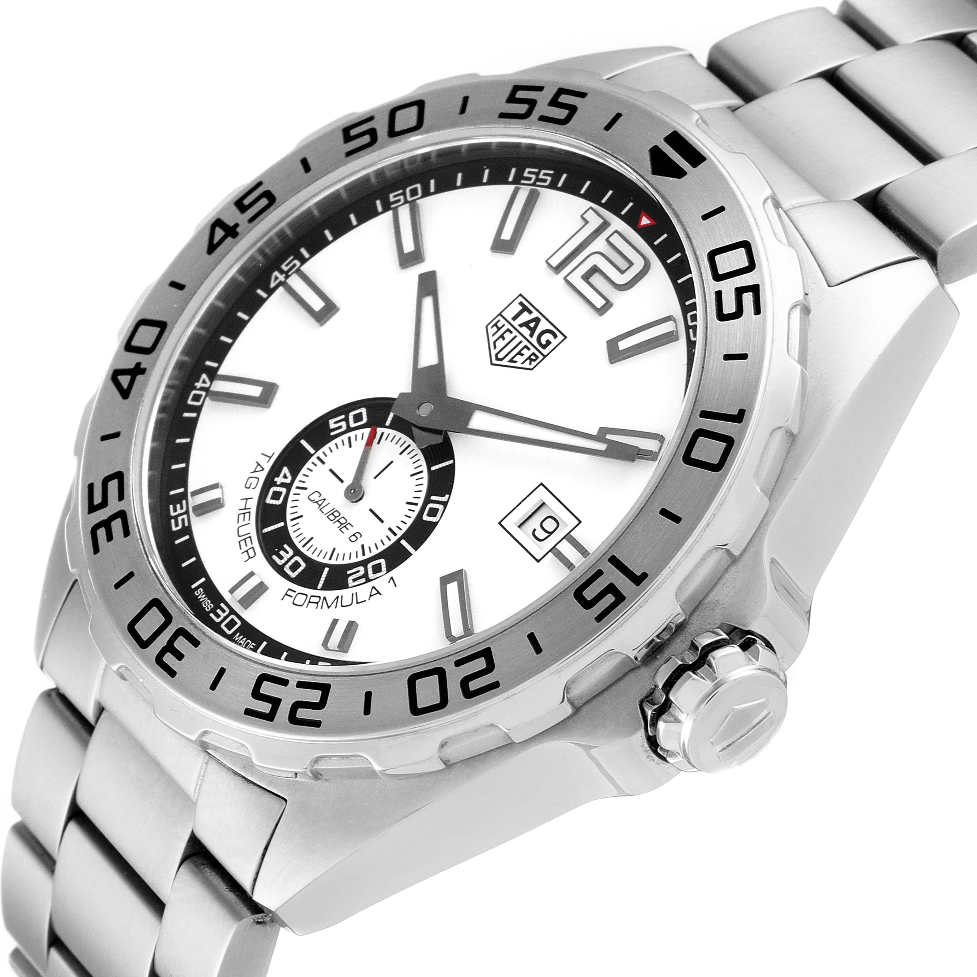 The image shows a close-up view of a Tag Heuer Formula 1 WAZ2013.BA0842 Men's Stainless Steel White Dial WAZ2013.BA0842 Men's Stainless Steel White Dial watch displaying the dial, bezel, crown, and bracelet.