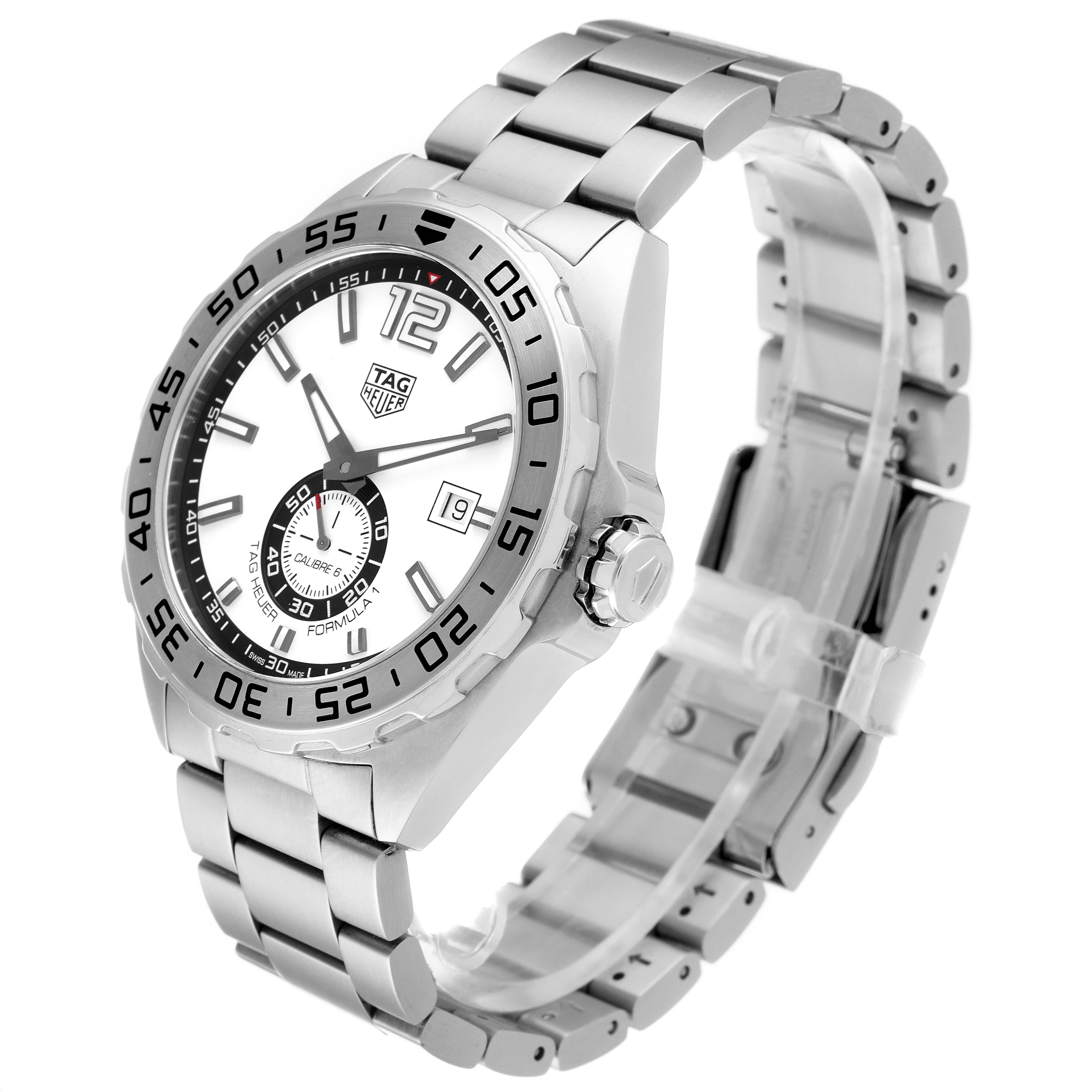 The image shows a side angle of the Tag Heuer Formula 1 WAZ2013.BA0842 Men's Stainless Steel White Dial WAZ2013.BA0842 Men's Stainless Steel White Dial watch, displaying its face, bezel, crown, and stainless steel band.
