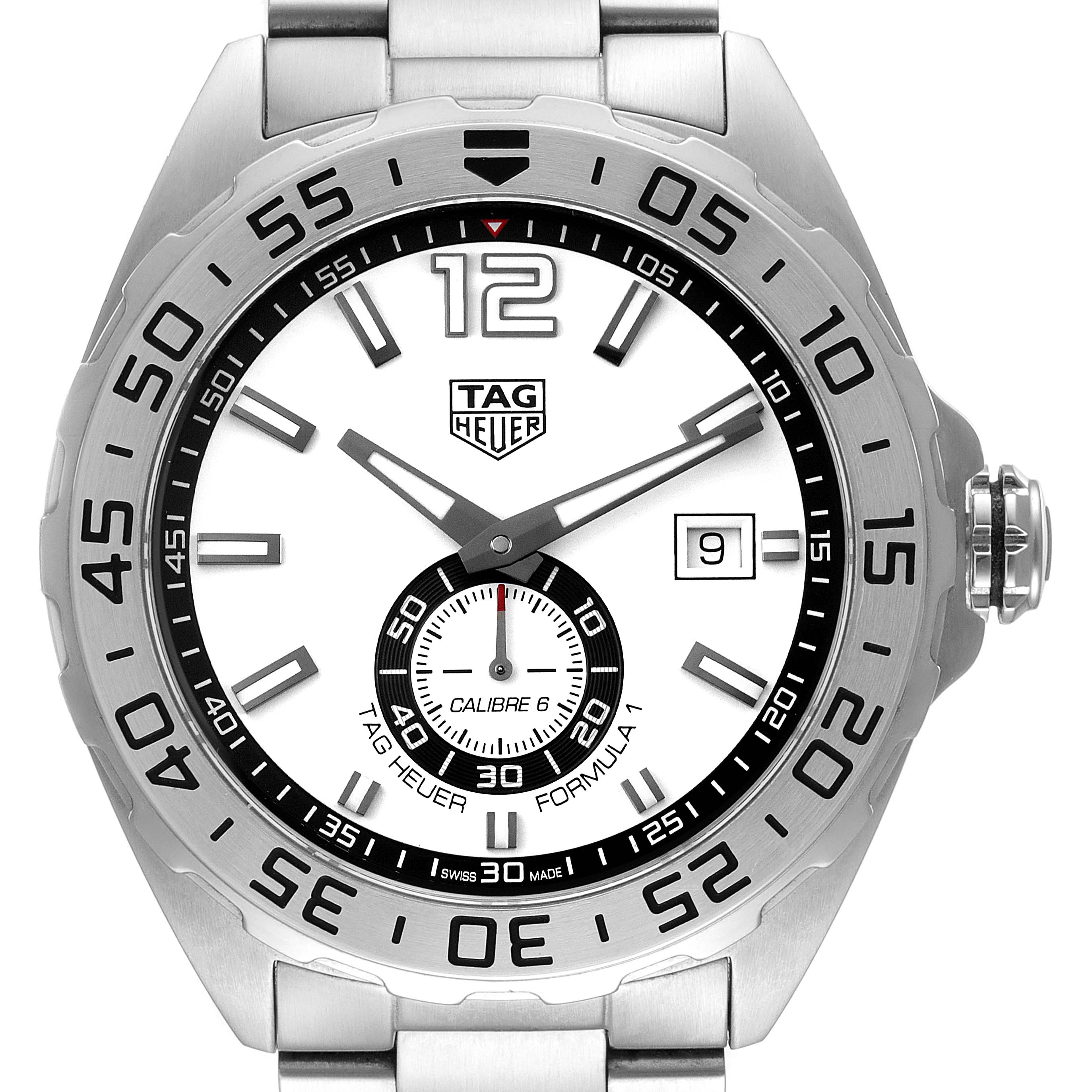 The image shows a frontal view of the Tag Heuer Formula 1 WAZ2013.BA0842 Men's Stainless Steel White Dial WAZ2013.BA0842 Men's Stainless Steel White Dial watch, highlighting the dial, bezel, hour markers, and date window.