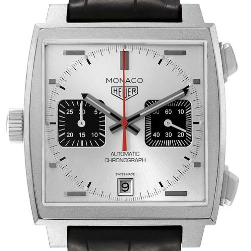 The Tag Heuer Monaco CAW218B.FC6496 Men's Titanium Silver Dial watch is shown from the front, displaying its square dial, chronograph subdials, and date window.