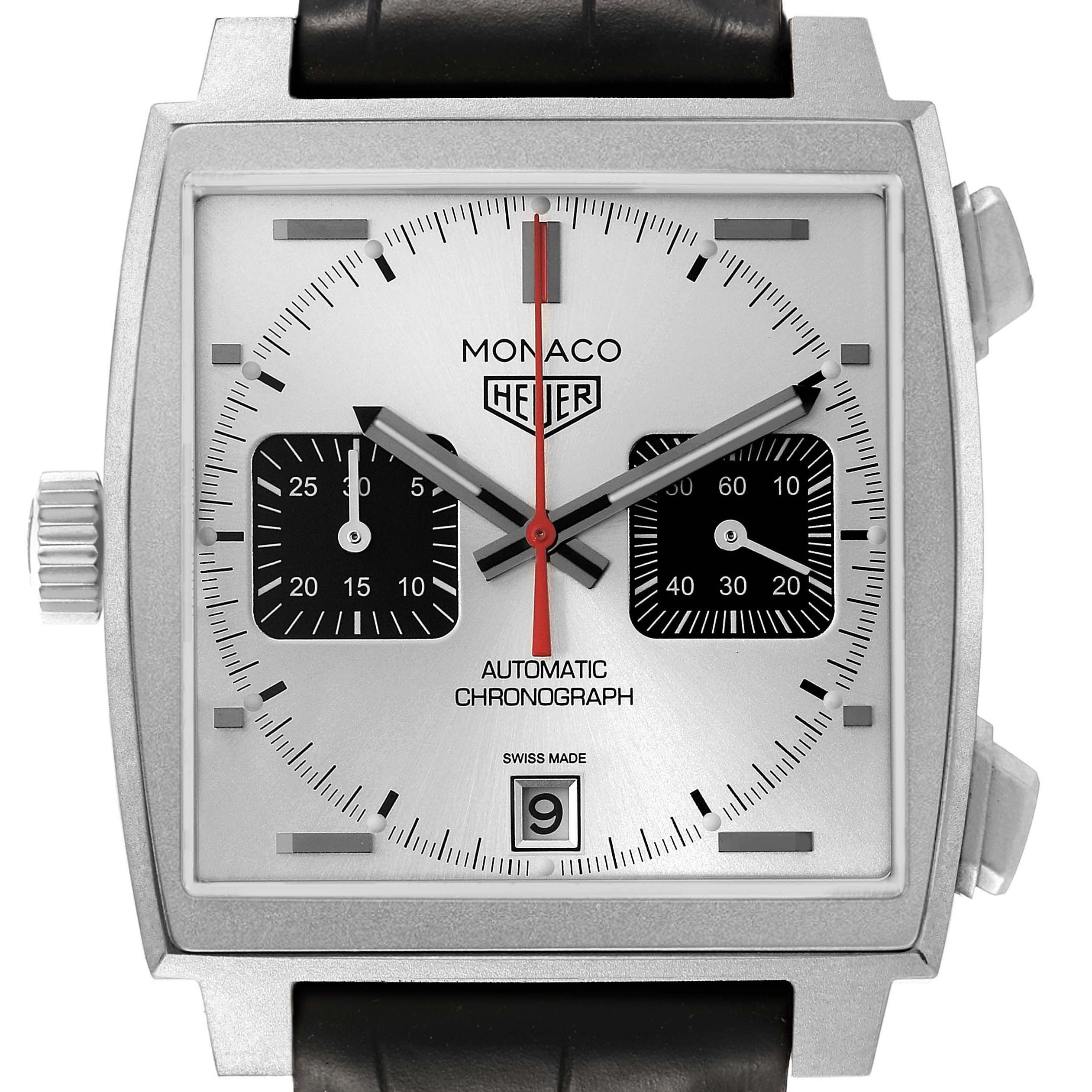 The Tag Heuer Monaco CAW218B.FC6496 Men's Titanium Silver Dial watch is shown from the front, displaying the dial, hands, subdials, and crown.