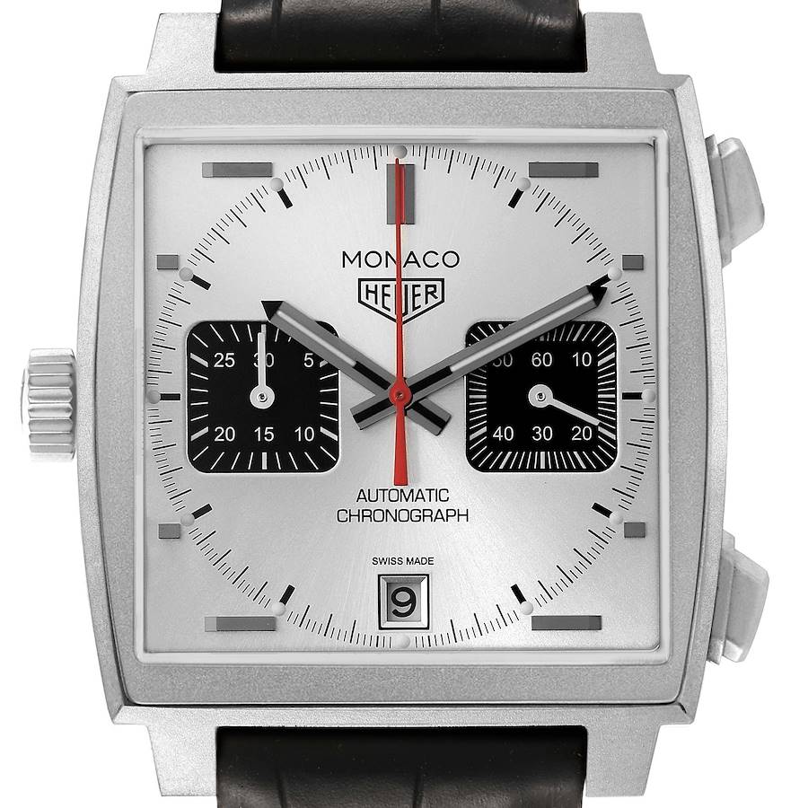 The Tag Heuer Monaco CAW218B.FC6496 Men's Titanium Silver Dial watch is shown from the front, displaying the dial, hands, subdials, and crown.