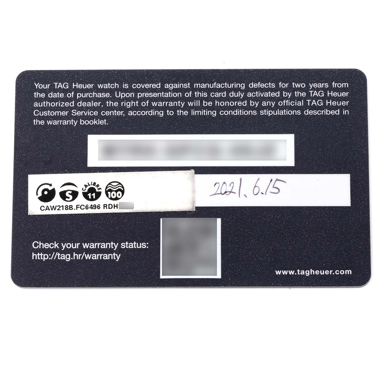 This image shows the warranty card for the Tag Heuer Monaco CAW218B.FC6496 Men's Titanium Silver Dial CAW218B.FC6496 Men's Titanium Silver Dial watch model.