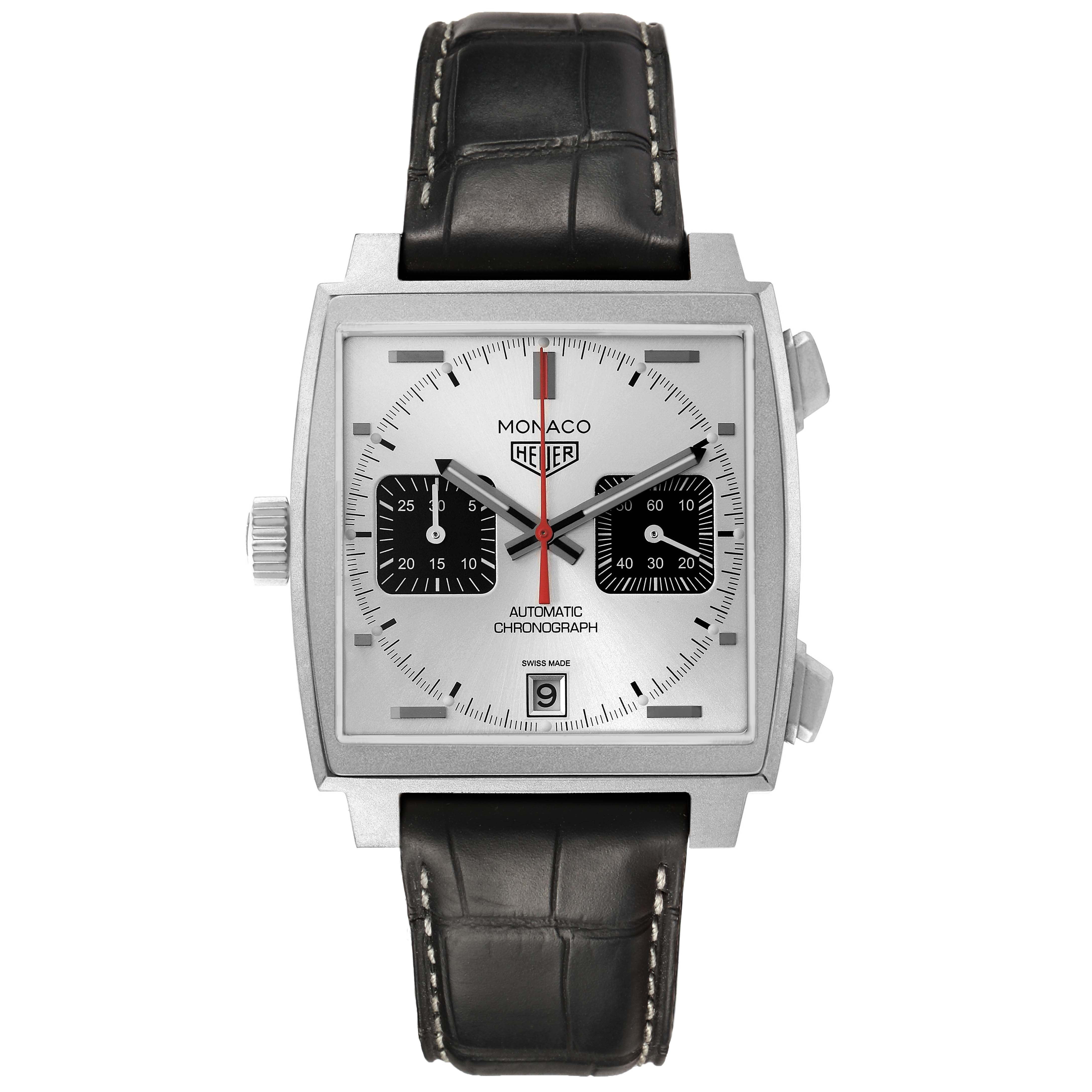 The Tag Heuer Monaco CAW218B.FC6496 Men's Titanium Silver Dial watch is shown from a frontal angle, displaying the square face, subdials, and black leather strap.