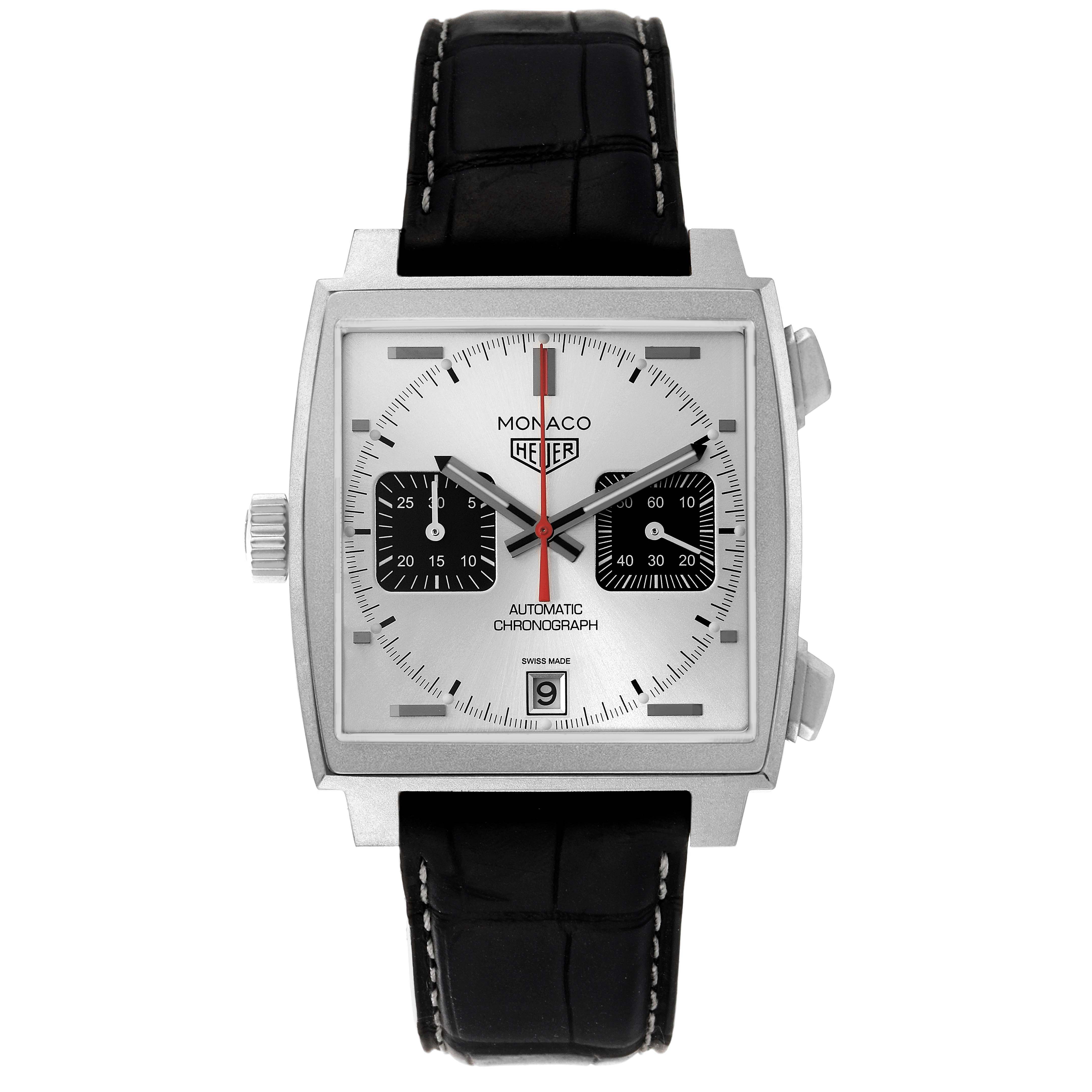 The Tag Heuer Monaco CAW218B.FC6496 Men's Titanium Silver Dial watch is shown from a front view, highlighting its dial, crown, chronograph subdials, and strap.