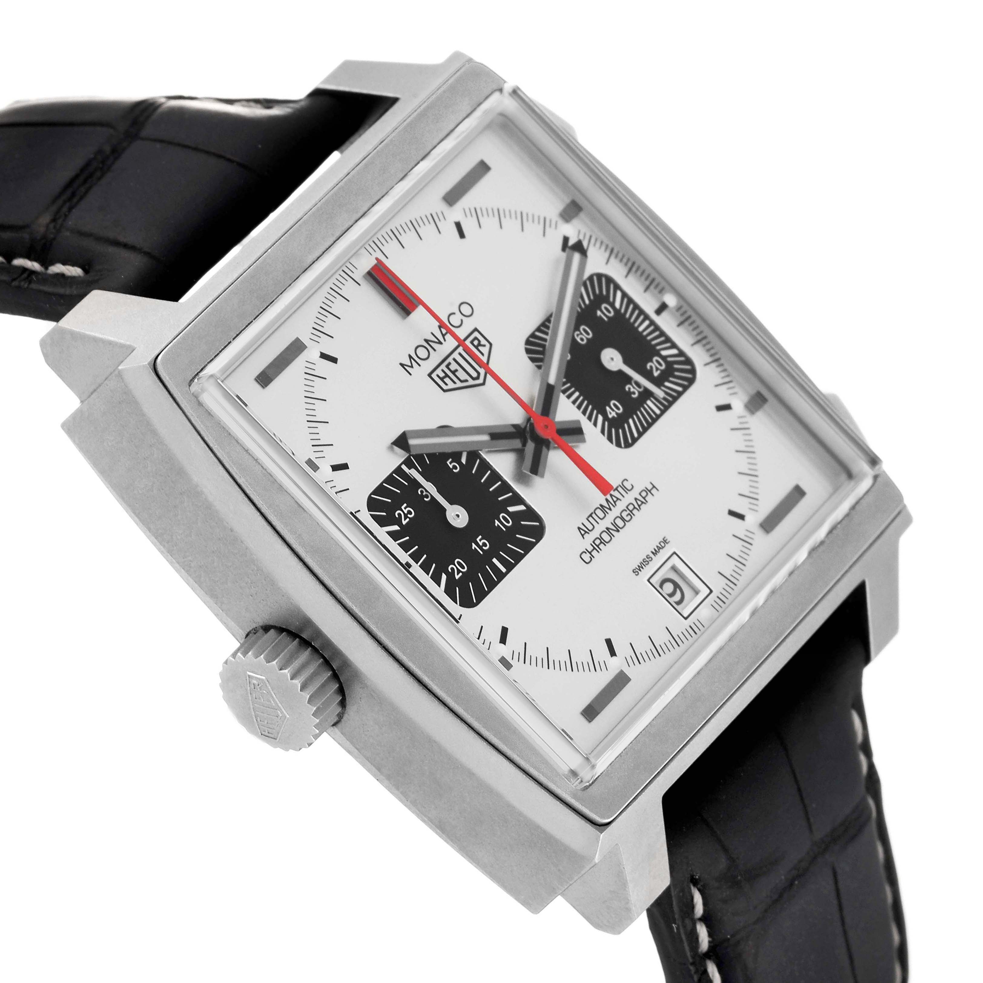The Tag Heuer Monaco CAW218B.FC6496 Men's Titanium Silver Dial watch is shown at an angle highlighting the face, crown, and strap, emphasizing its square case and dials.