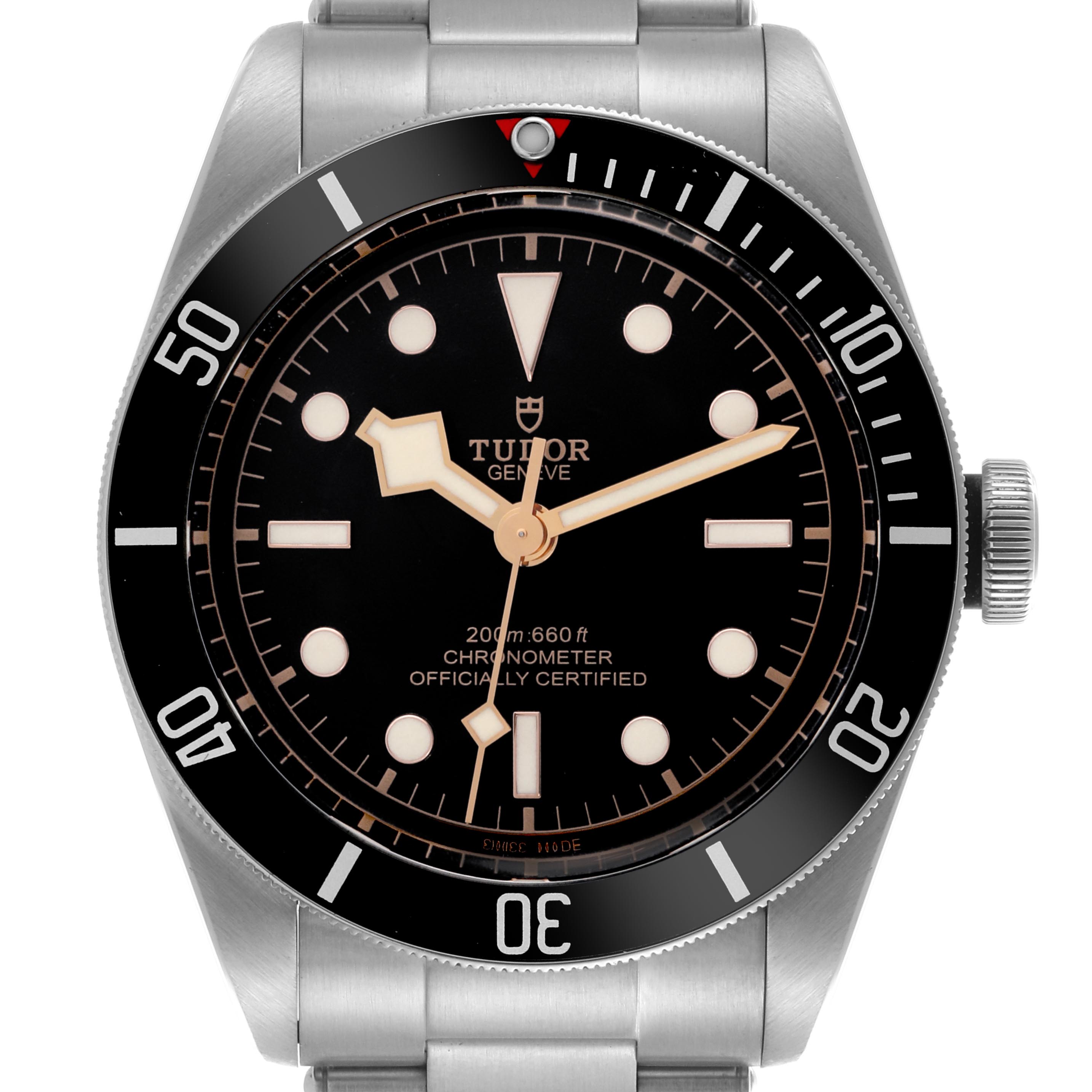 The Tudor Heritage Black Bay 79230N Men's Stainless Steel Black Dial 79230N Men's Stainless Steel Black Dial watch is shown from the front, displaying its dial, bezel, hands, and bracelet.