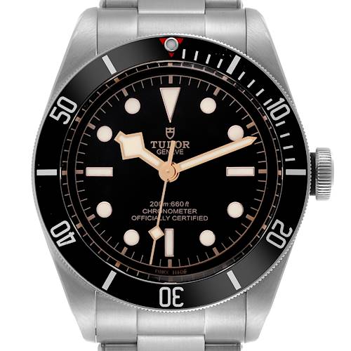 The Tudor Heritage Black Bay watch is shown from the front, highlighting the dial, bezel, and crown.