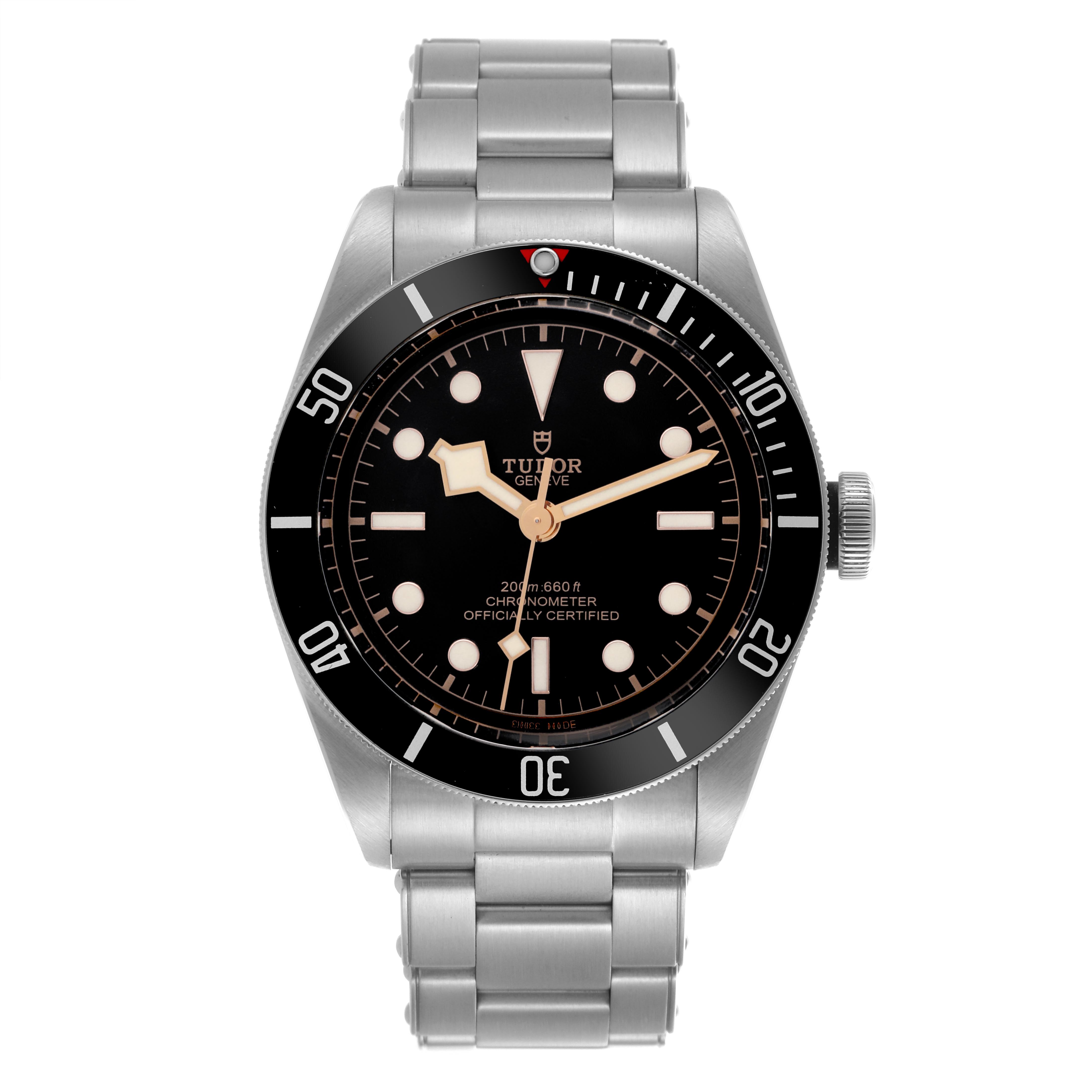 The Tudor Heritage Black Bay 79230N Men's Stainless Steel Black Dial 79230N Men's Stainless Steel Black Dial is shown from a front angle, displaying the bezel, dial, hands, and bracelet.