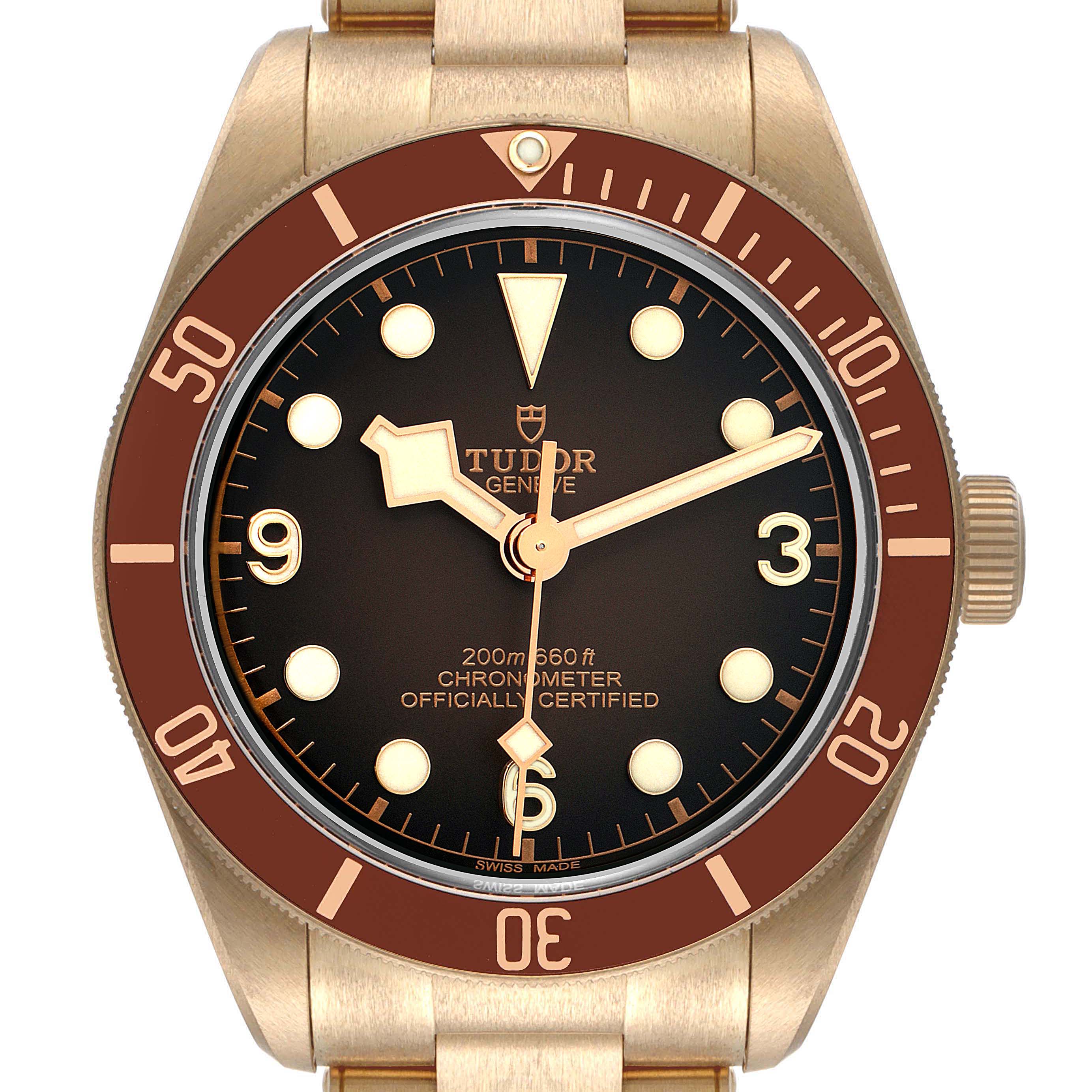 The image shows the front view of a Tudor Heritage Black Bay 79012 Men
s Bronze Brown Dial 79012 Men
s Bronze Brown Dial watch, highlighting its dial, bezel, and hands.