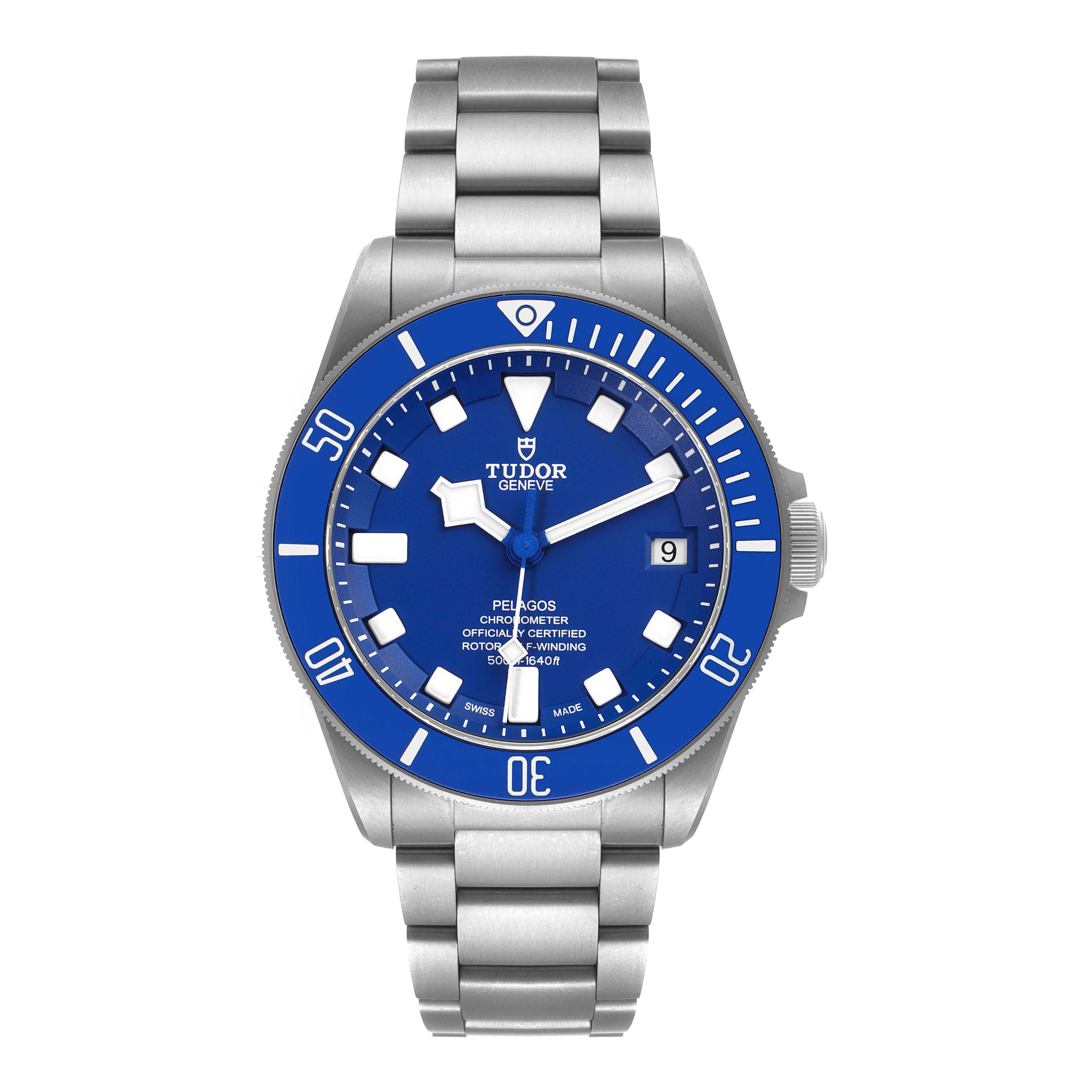 This image shows a front view of the Tudor Pelagos 25600TB Men's Titanium Blue Dial 25600TB Men's Titanium Blue Dial watch, displaying its dial, bezel, crown, and bracelet.