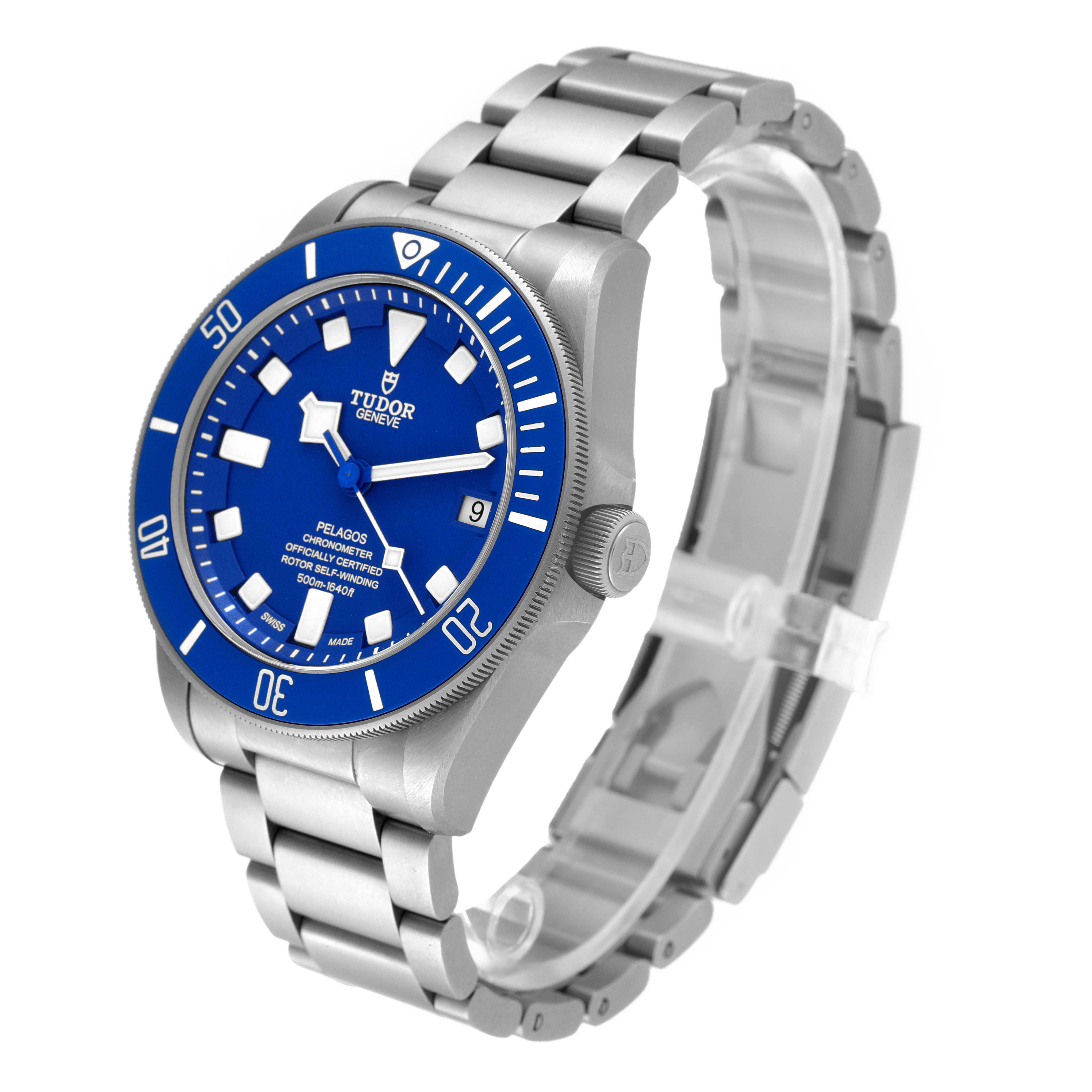 This image shows a side-angle view of the Tudor Pelagos 25600TB Men's Titanium Blue Dial 25600TB Men's Titanium Blue Dial watch, displaying its blue dial, bezel, and stainless steel bracelet.