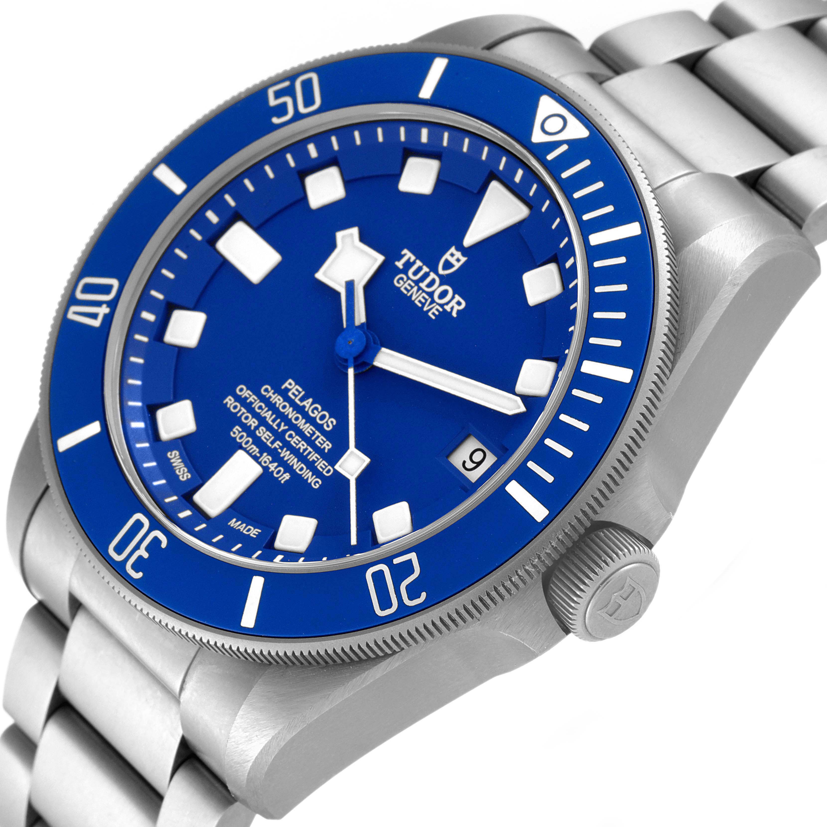 The Tudor Pelagos 25600TB Men's Titanium Blue Dial 25600TB Men's Titanium Blue Dial watch is shown at a slight angle highlighting the dial, bezel, crown, and part of the bracelet.