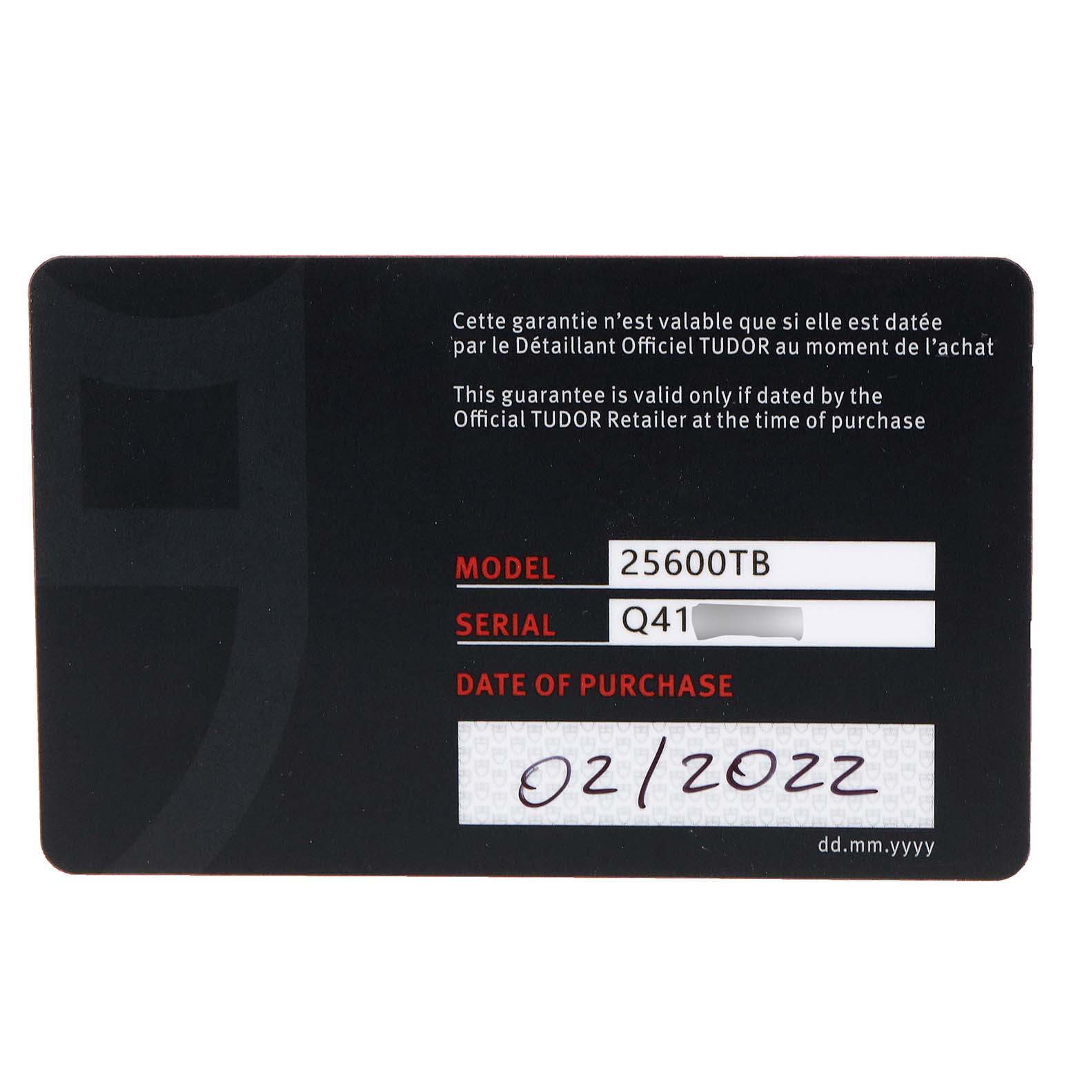 This image shows the warranty card for the Tudor Pelagos 25600TB Men's Titanium Blue Dial 25600TB Men's Titanium Blue Dial model 25600TB watch with serial number and purchase date.
