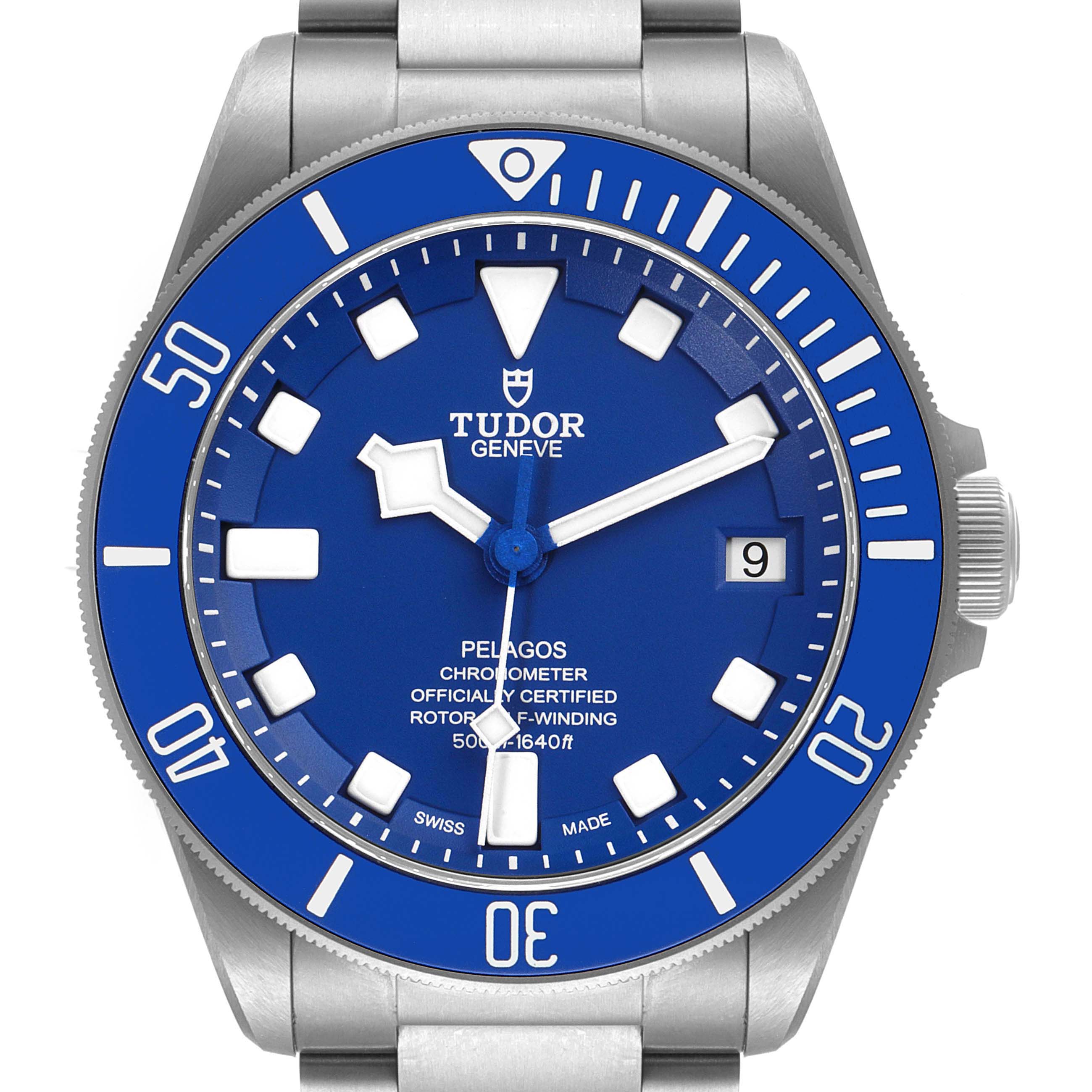 The image shows a front view of the Tudor Pelagos 25600TB Men's Titanium Blue Dial 25600TB Men's Titanium Blue Dial watch, displaying the dial, bezel, hands, and part of the bracelet.
