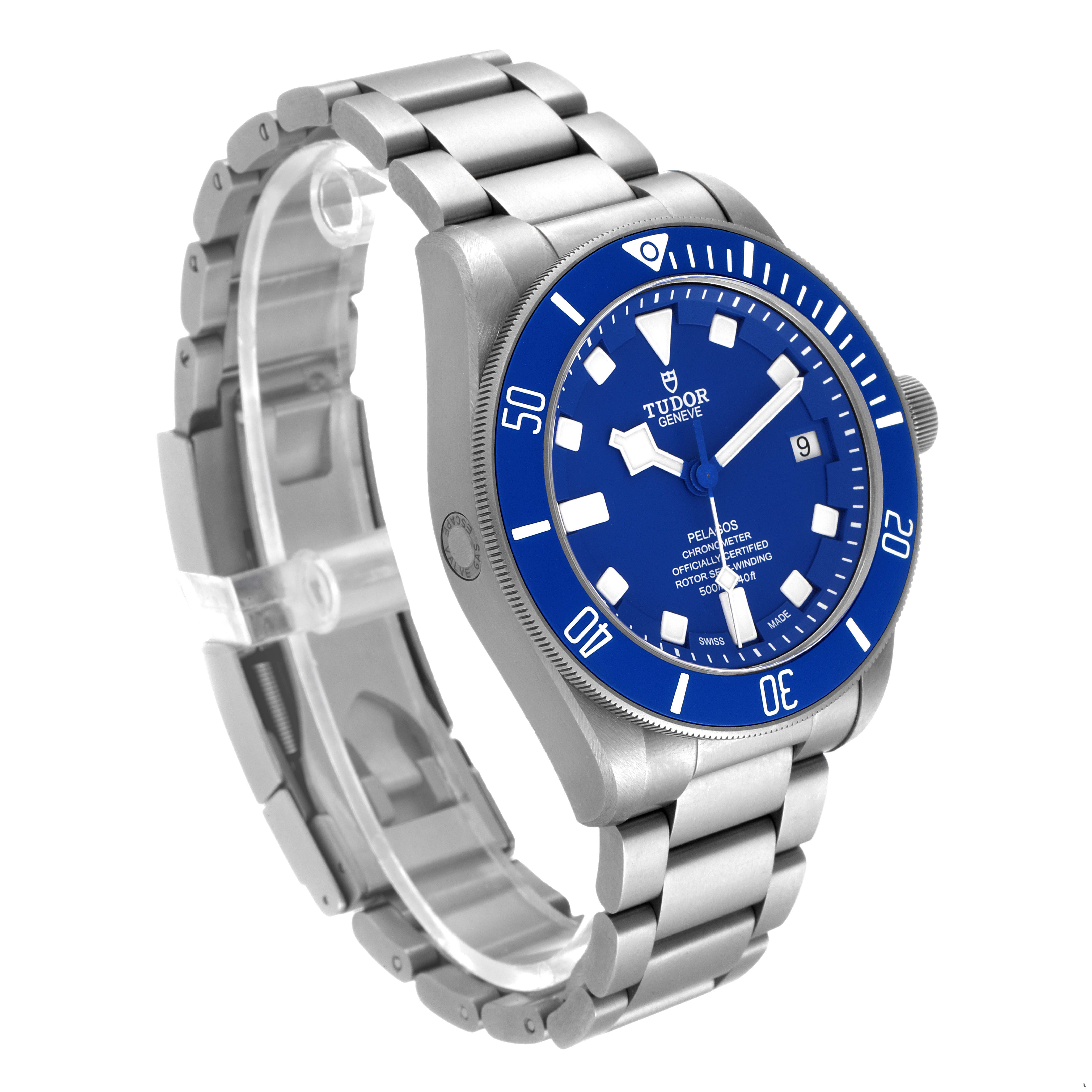 The image shows a Tudor Pelagos 25600TB Men's Titanium Blue Dial 25600TB Men's Titanium Blue Dial watch with a blue dial and bezel, displayed at a three-quarter angle.