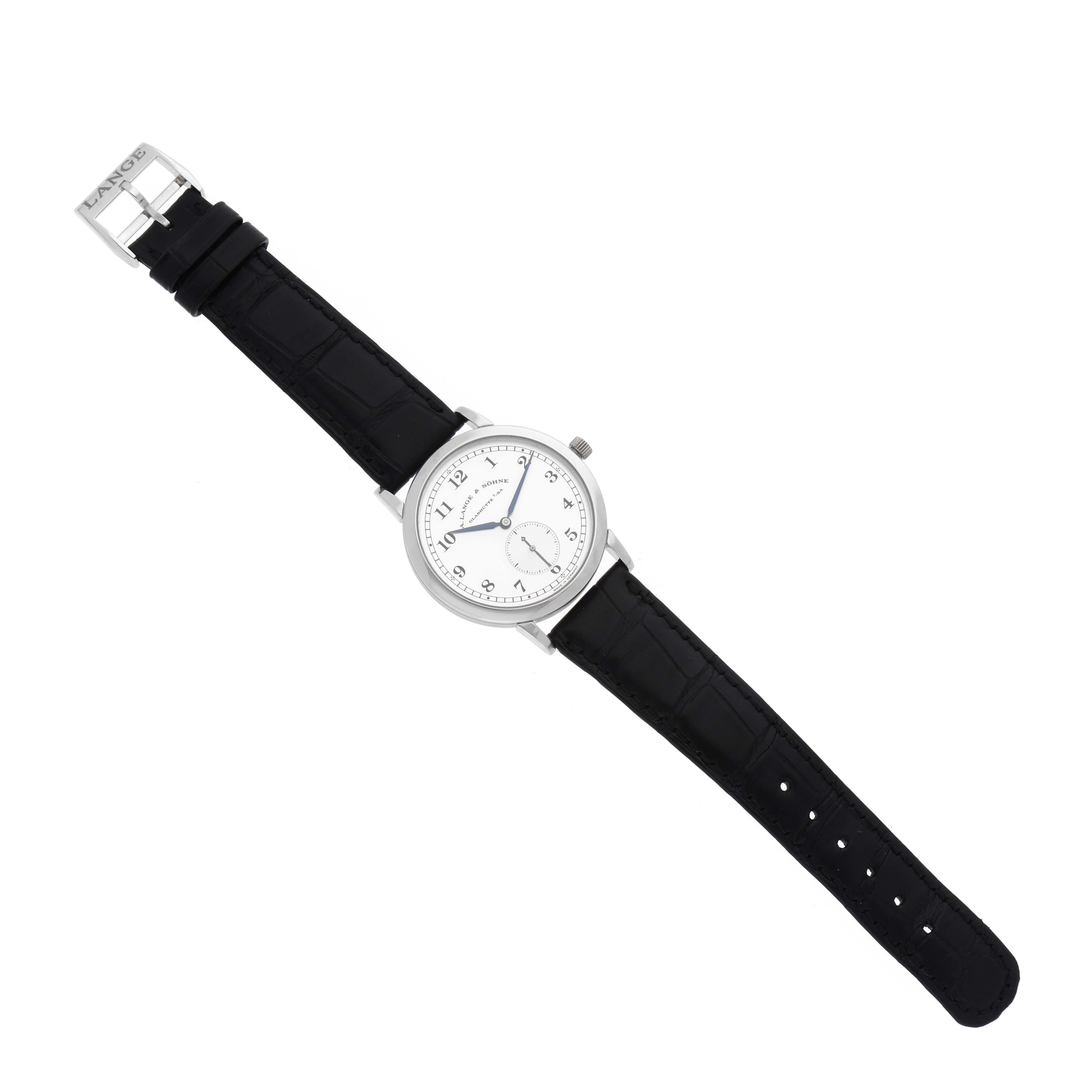 The A. Lange & Sohne 1815 206.025/LS2062AJ Men's Platinum Silver Dial model watch is shown from a top-down angle, displaying the face, strap, and buckle.