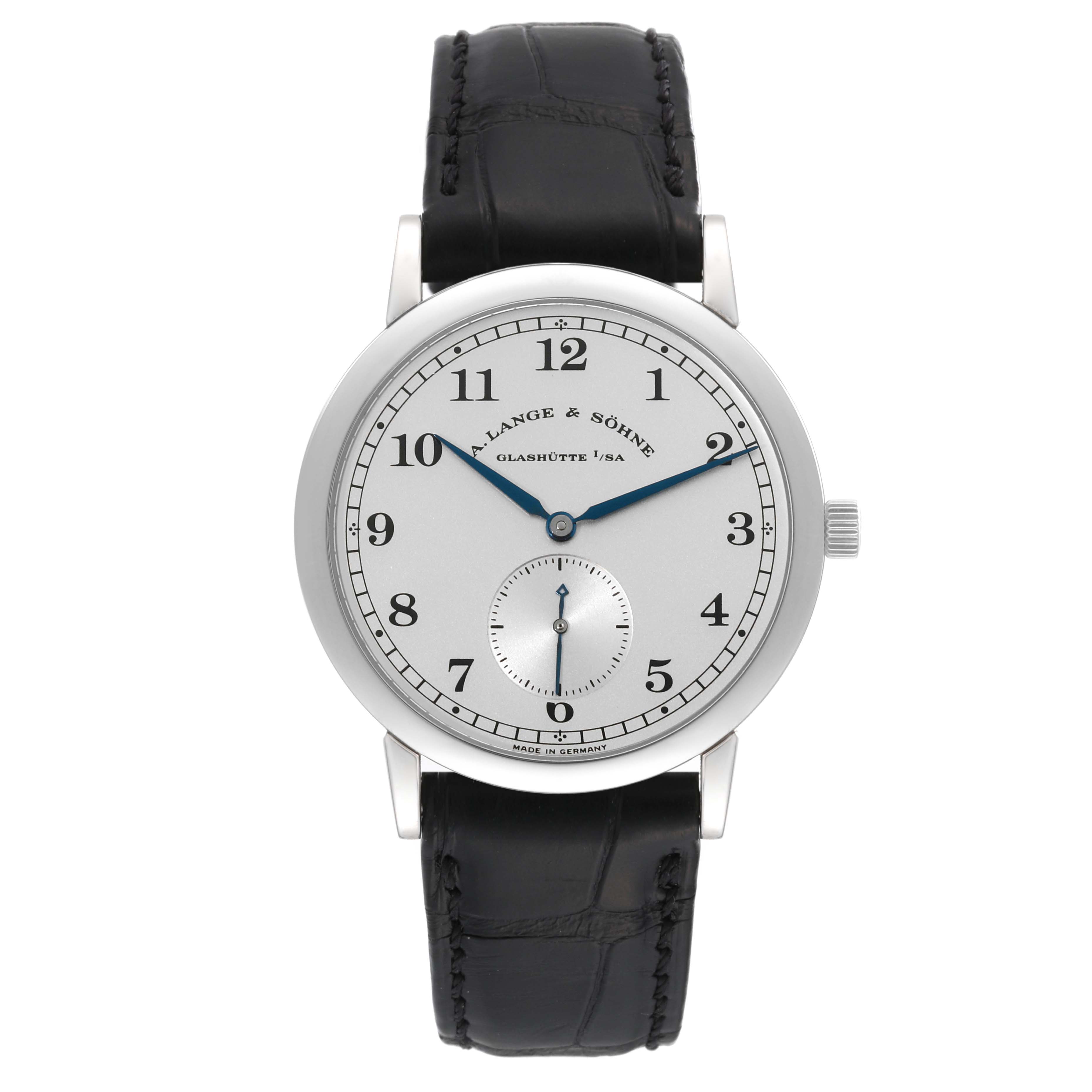 The image shows a front view of an A. Lange & Sohne 1815 206.025/LS2062AJ Men's Platinum Silver Dial model watch, featuring a black leather strap, silver dial, and blue hands.