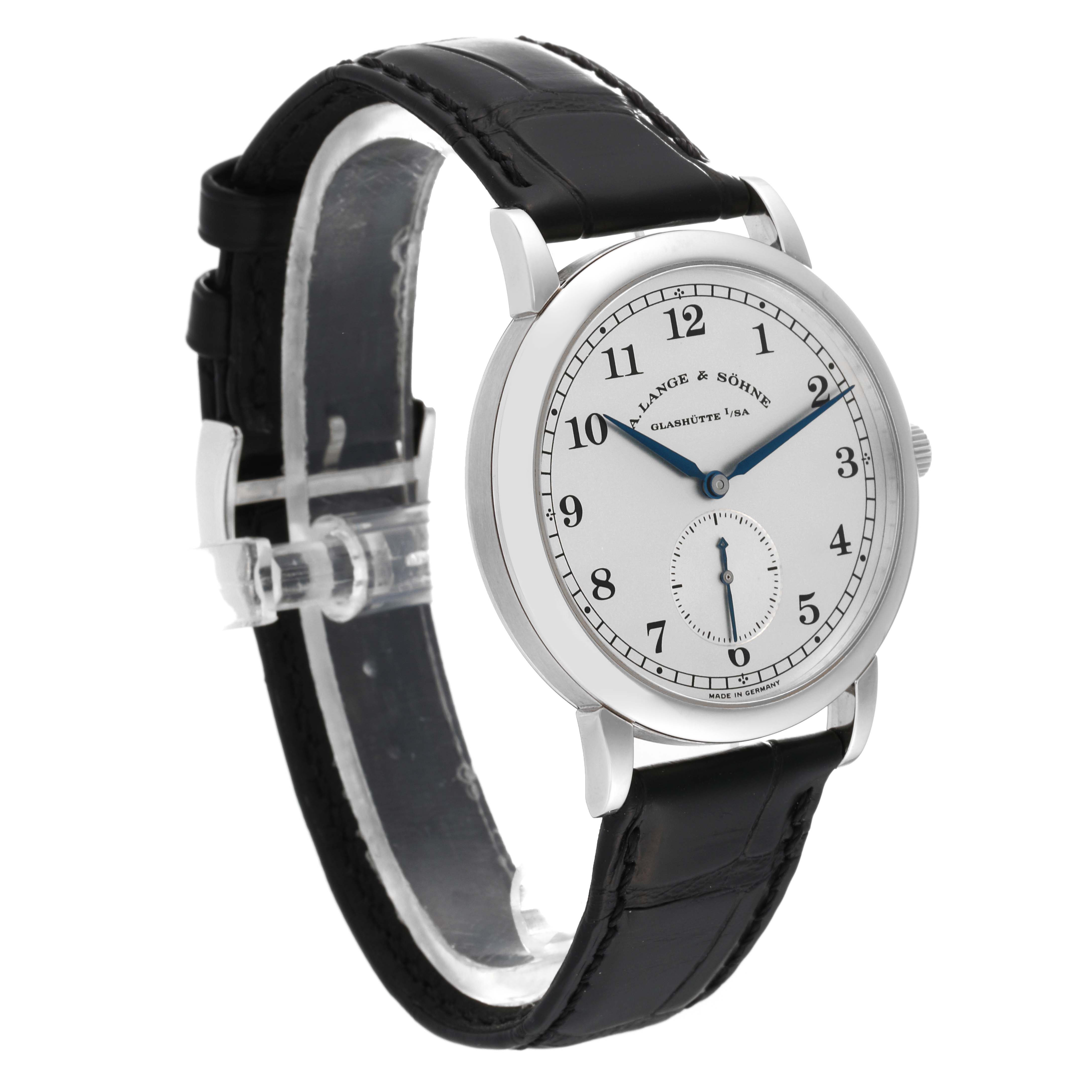 The image shows an A. Lange & Sohne 1815 206.025/LS2062AJ Men's Platinum Silver Dial model watch at a three-quarter angle, highlighting its face, strap, and crown.