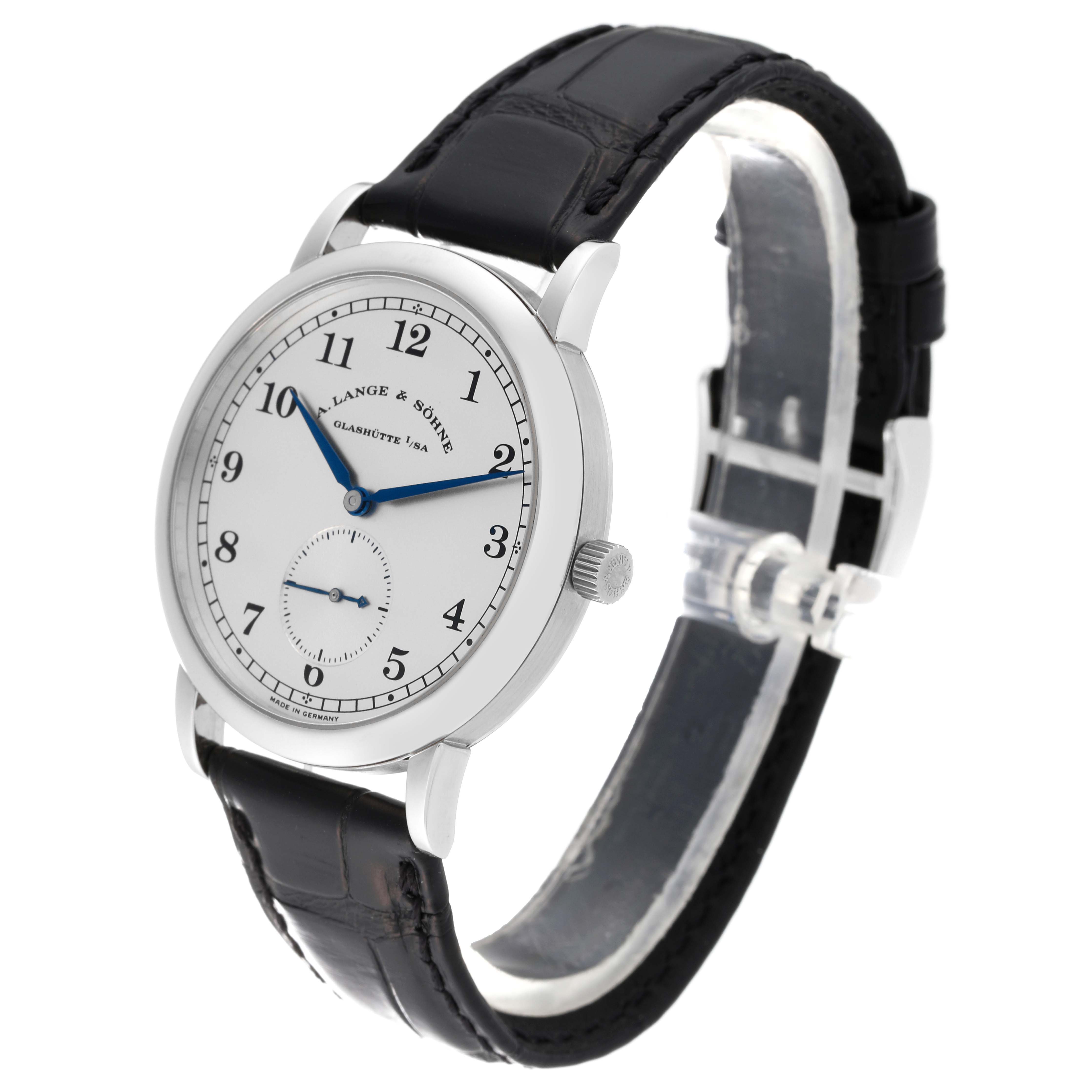 The image shows a side angle of the A. Lange & Sohne 1815 206.025/LS2062AJ Men's Platinum Silver Dial model watch, displaying the dial, case, crown, and leather strap.