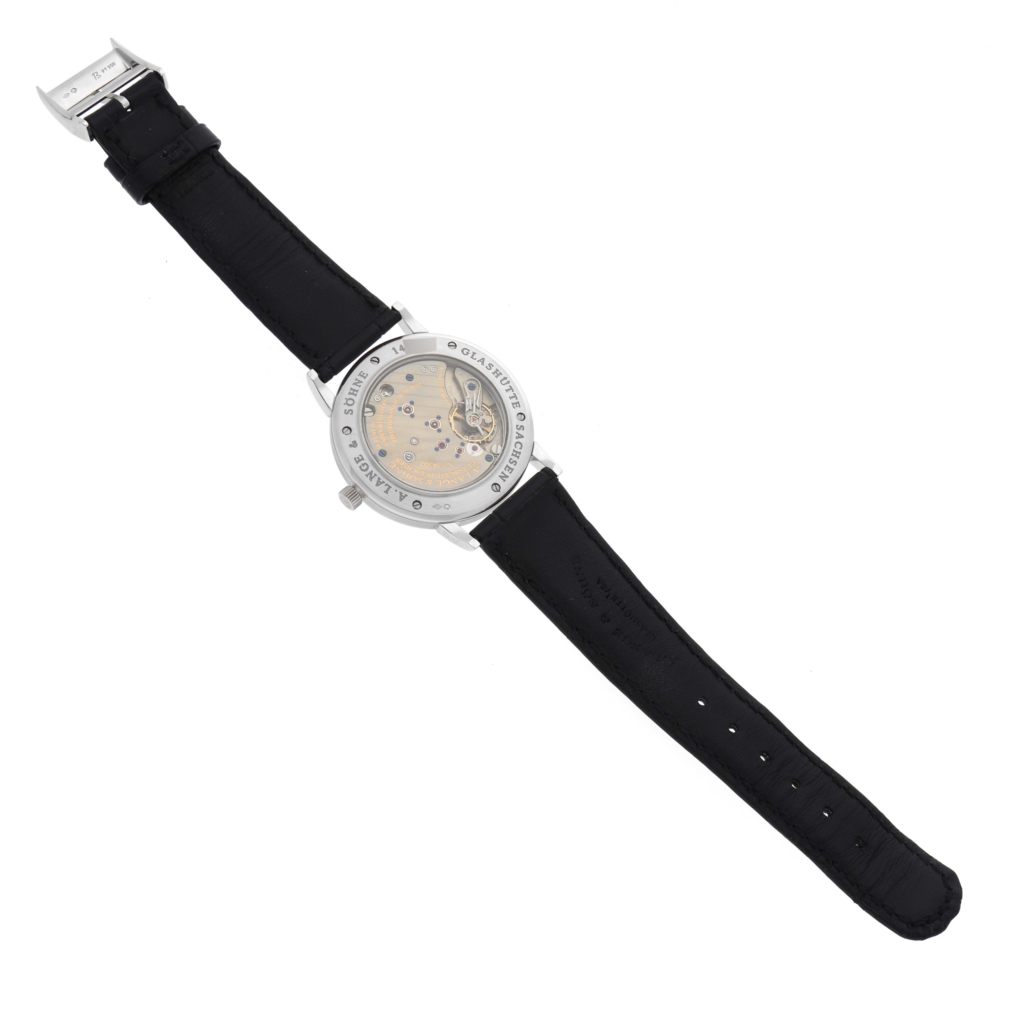 This image shows the back of the A. Lange & Sohne 1815 206.025/LS2062AJ Men's Platinum Silver Dial model watch, including the movement and black leather strap.