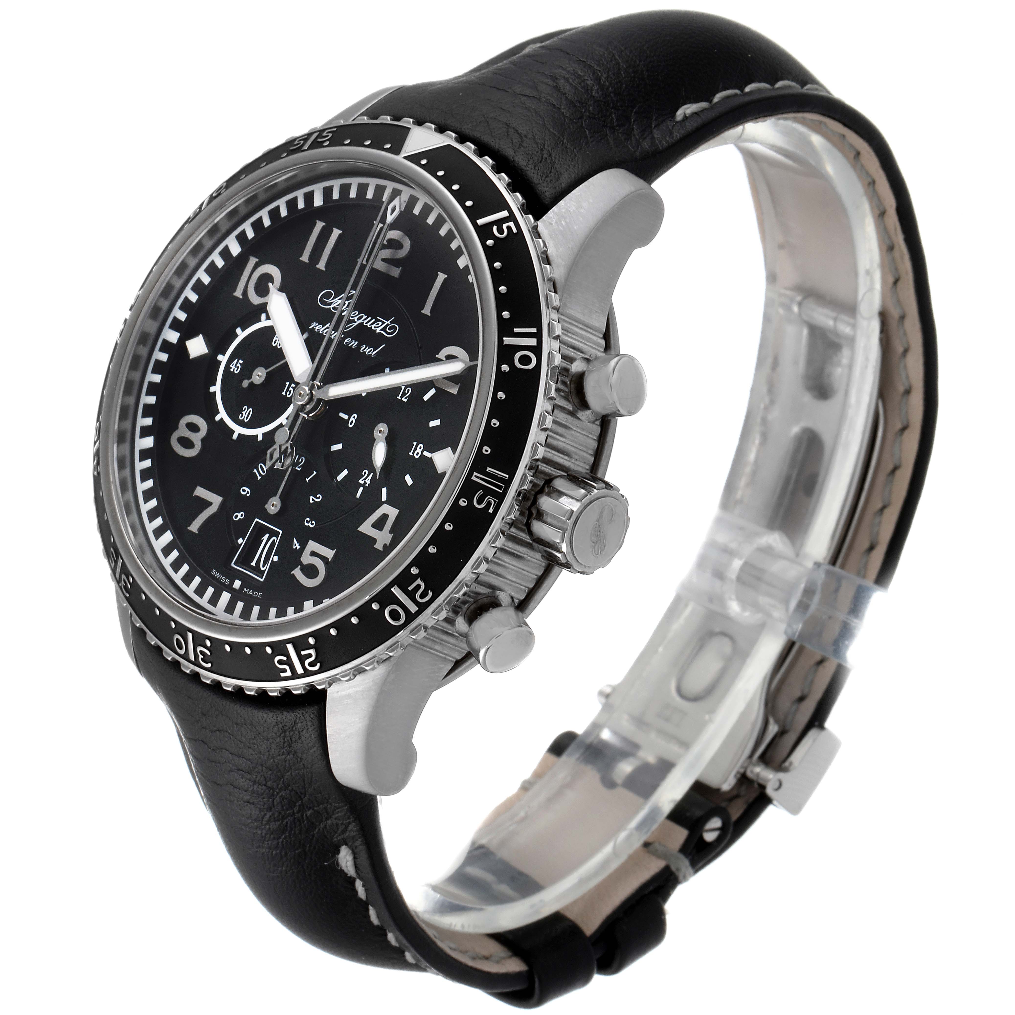 The Breguet Type XX - XXI - XXII 3810 Men's Titanium Black Dial 3810 Men's Titanium Black Dial watch is shown at a slight angle from the front and side, displaying the face, bezel, and strap.