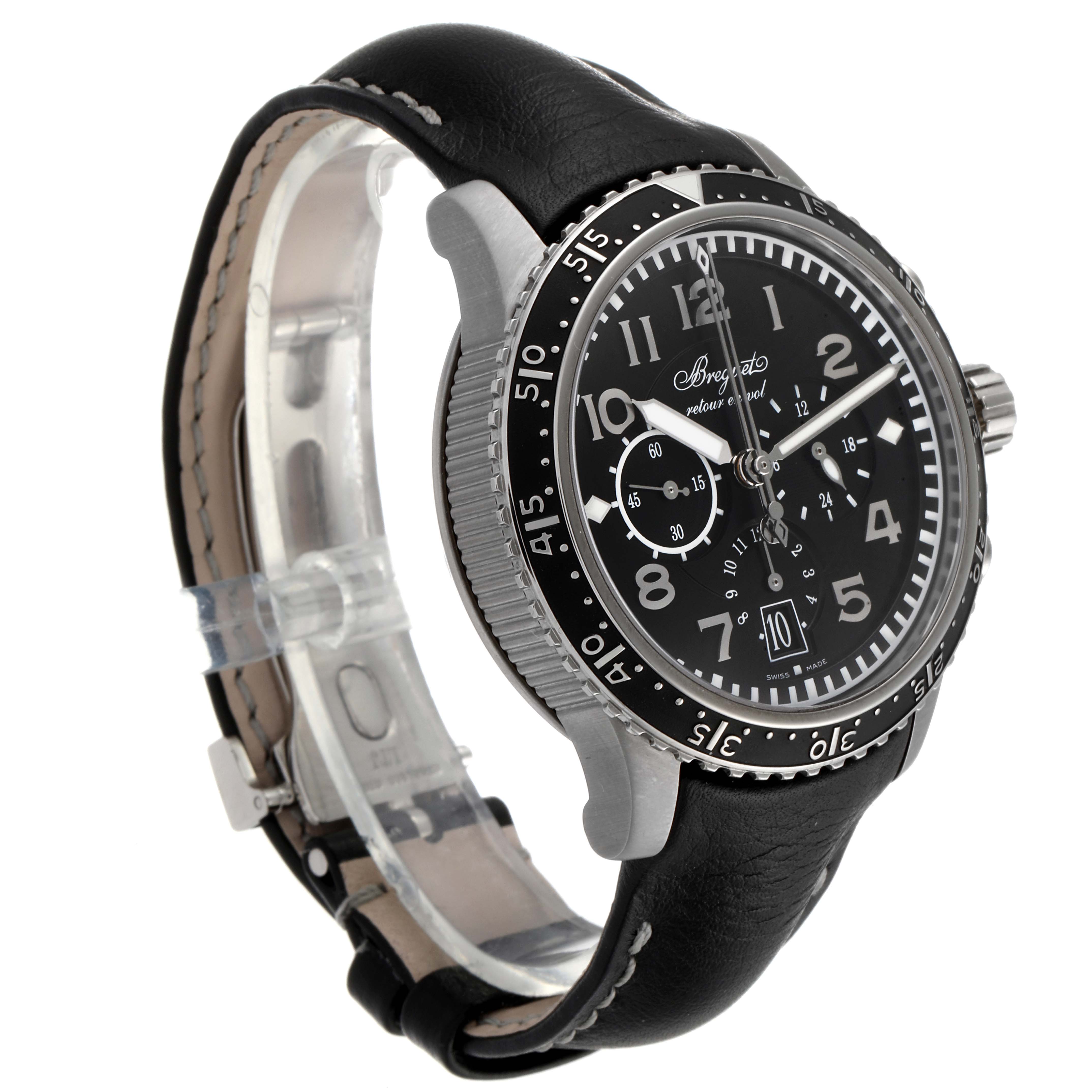 The Breguet Type XX - XXI - XXII 3810 Men's Titanium Black Dial 3810 Men's Titanium Black Dial watch is shown at a front-side angle with its black dial, bezel, and leather strap visible.