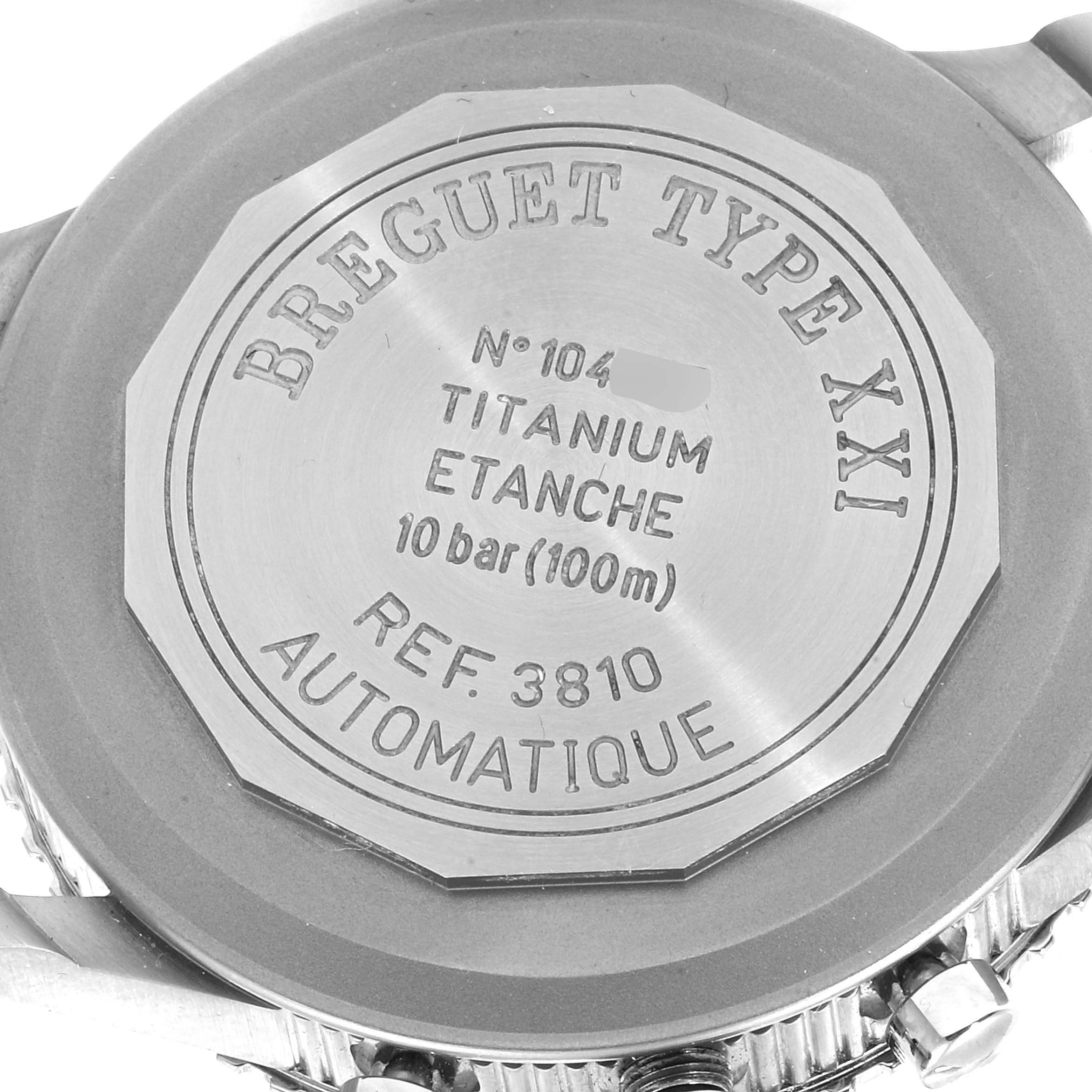 This image shows the back casing of the Breguet Type XXI watch, highlighting its titanium construction and model information.