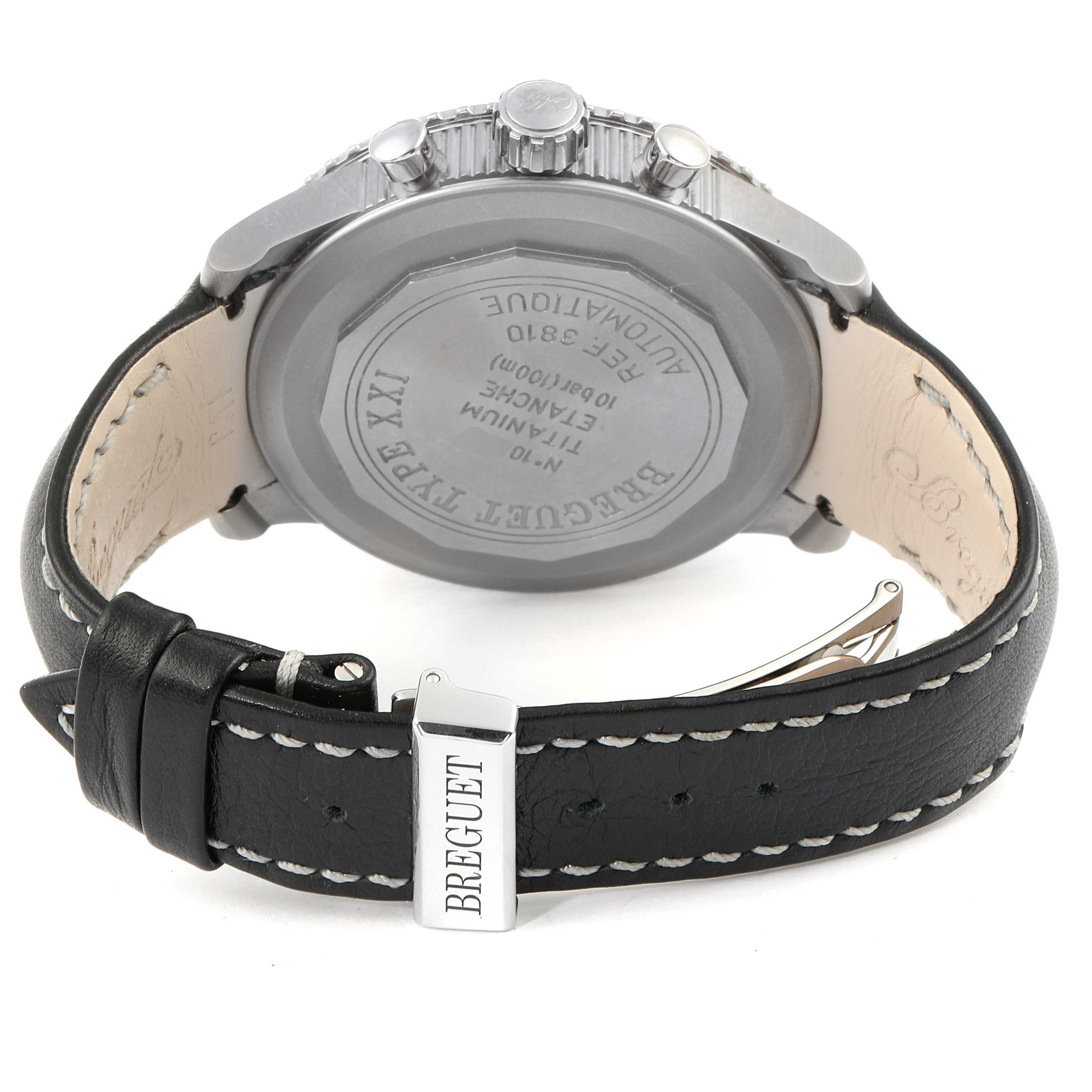 The Breguet Type XX - XXI - XXII 3810 Men's Titanium Black Dial 3810 Men's Titanium Black Dial watch is shown from the back, highlighting the case back, crown, pushers, and leather strap with buckle.