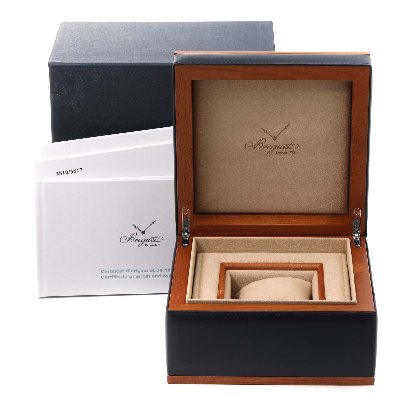 This image shows the open box and documentation for the Breguet Type XX - XXI - XXII 3810 Men's Titanium Black Dial 3810 Men's Titanium Black Dial model watch.