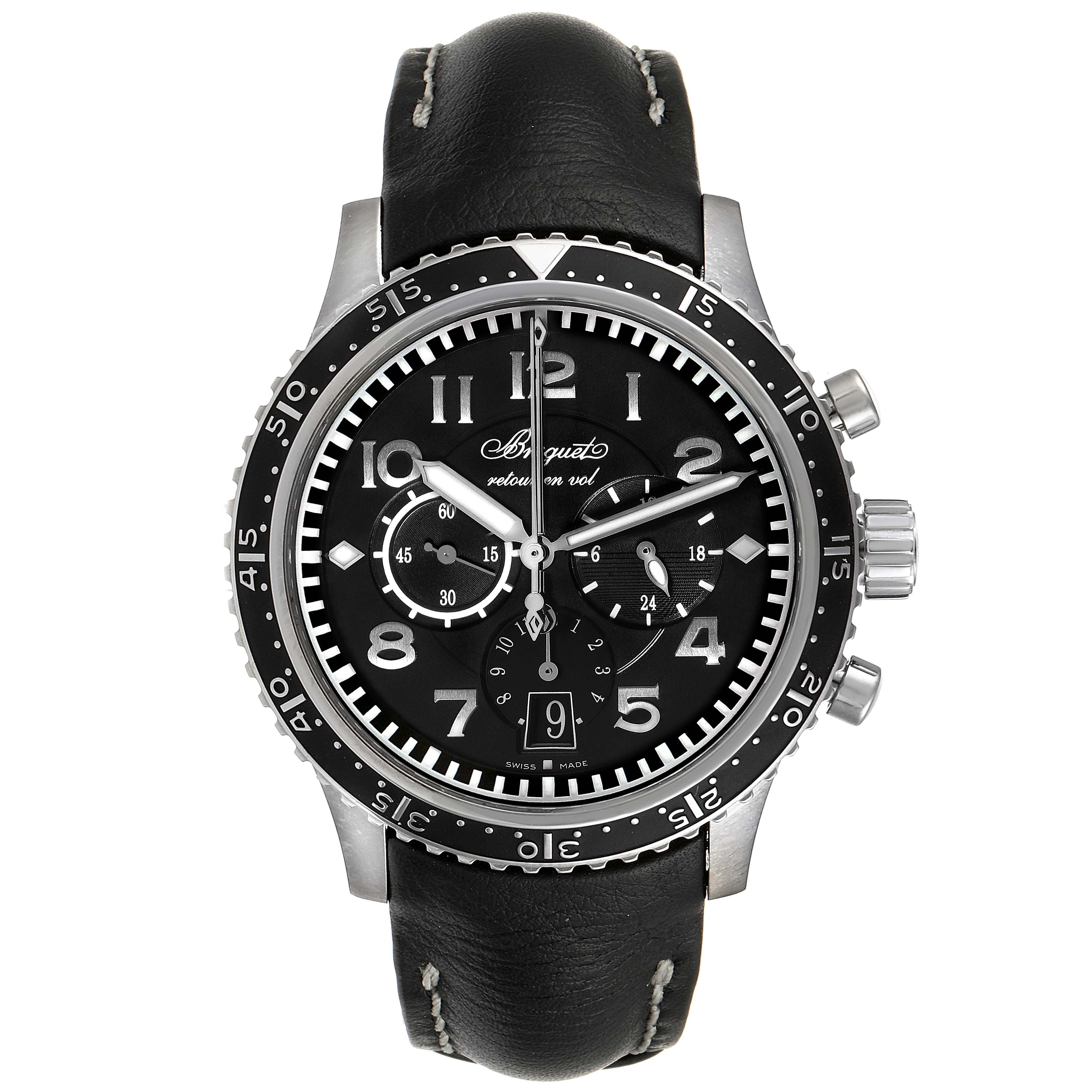 Front view of the Breguet Type XX - XXI - XXII 3810 Men's Titanium Black Dial 3810 Men's Titanium Black Dial watch, displaying the dial, bezel, crown, and leather strap.