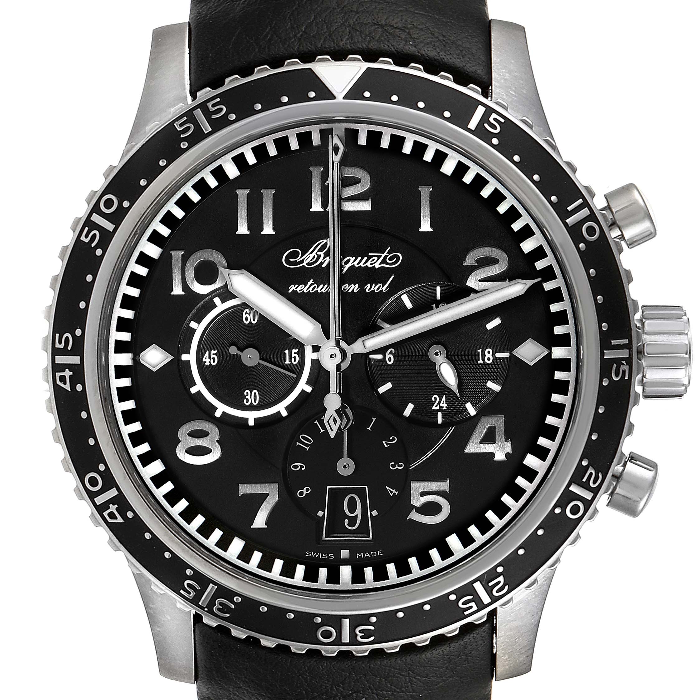 The Breguet Type XX - XXI - XXII 3810 Men's Titanium Black Dial 3810 Men's Titanium Black Dial watch is shown from the front, highlighting the face, bezel, and strap.